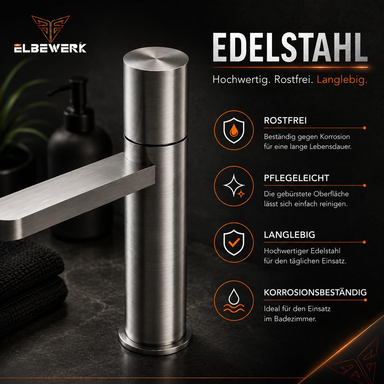 Premium Waschtischarmatur aus Edelstahl 316 gebürstet – Einhebelmischer für Waschbecken, moderne Badarmatur