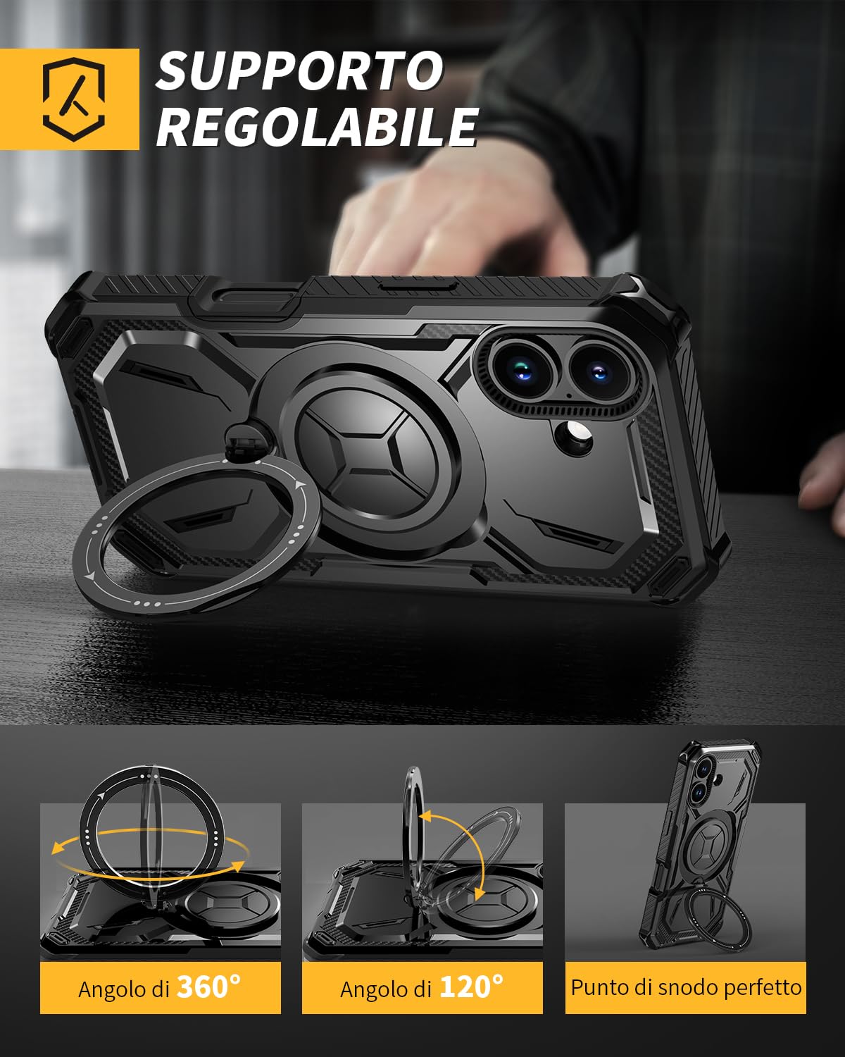 Lanhiem Cover per iPhone 16 con 2 Pezzi Vetro Temperato, Antiurto Anticaduta Militare,Supporto Magnetico Anello a 360° Protezione Armor Protezione, Custodia per iPhone 16, Nero