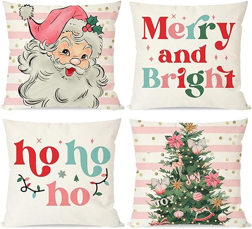 Juego de 4 fundas de almohada de Navidad de 18 x 18 pulgadas, color rosa, Papá Noel, decoración de árbol de Navidad, almohadas decorativas, fundas