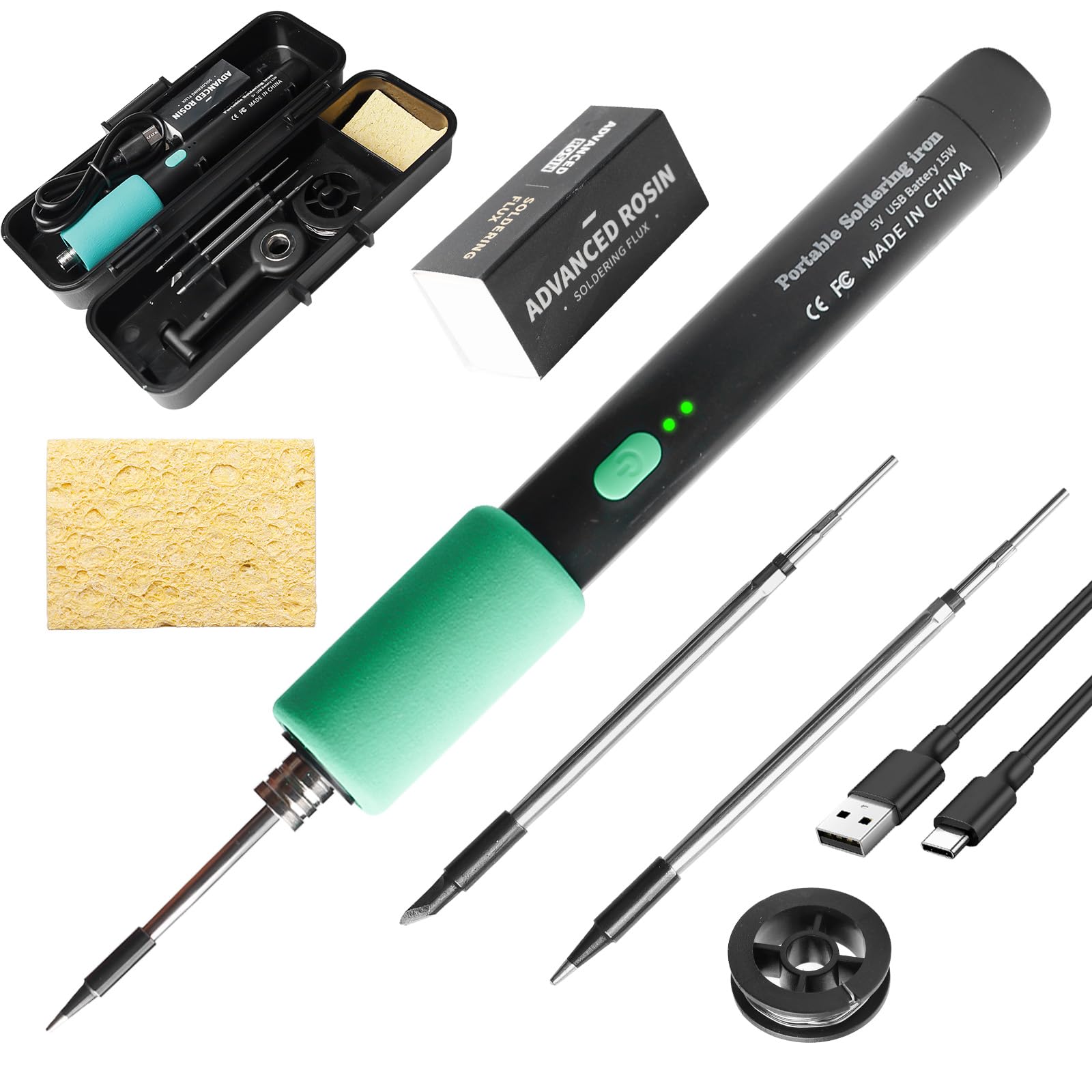 Juego de soldador con batería: juego de soldador de 15 W (260 ℃-450 ℃), USB inalámbrico con 3 puntas de soldadura, alambre de estaño, esponja, kit de soldadura profesional seguro para trabajos