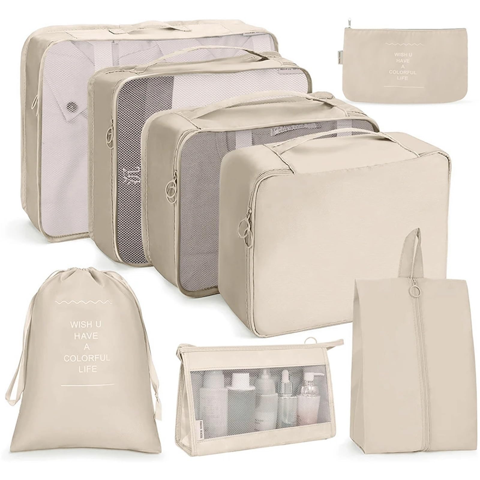 8PCS Travel Luggage Organizers Set Waterproof Suitcase Organizer Bags Essentials Clothes Shoes Cosmetics Storage for Suitcases(Beige)