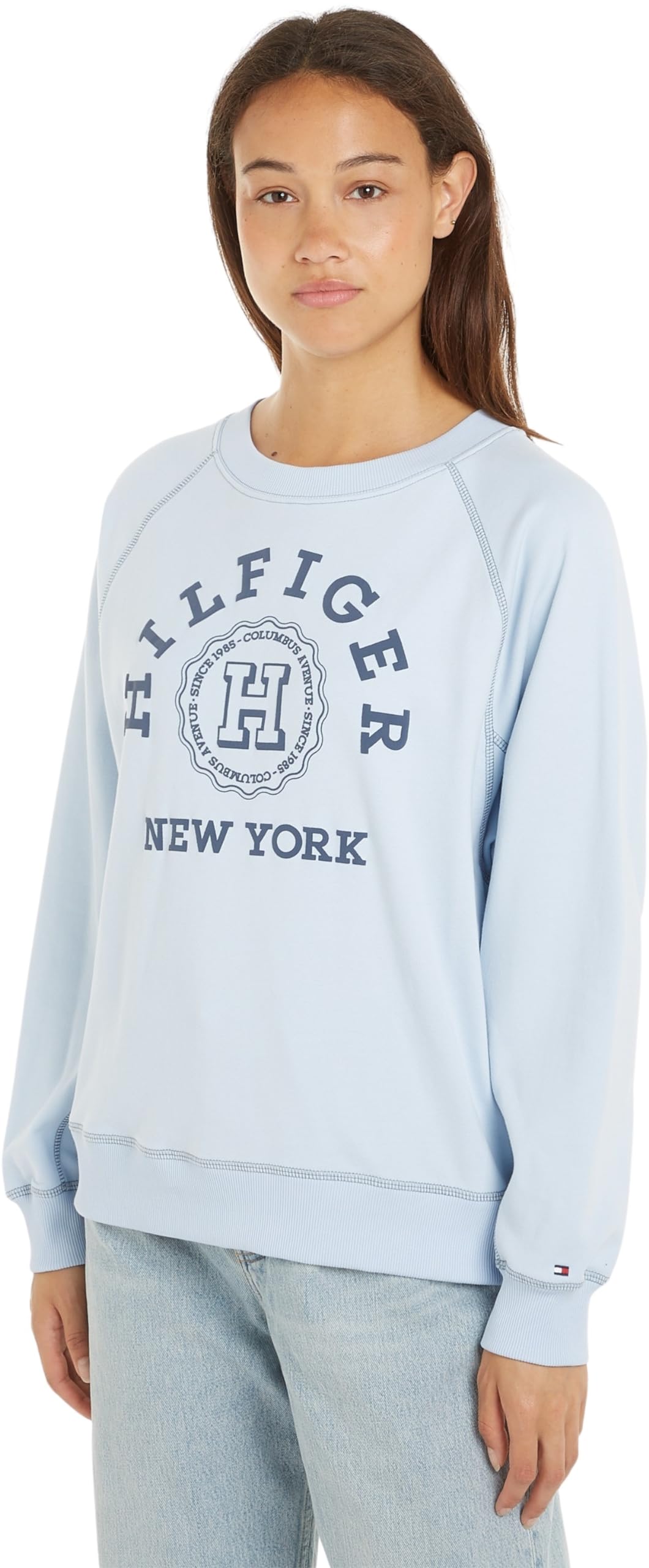 Tommy Hilfiger Women's Reg Varsity Raglan Sweatshirt Ww0ww41239 Heavyweight Sweatshirts, Blue (Breezy Blue), M