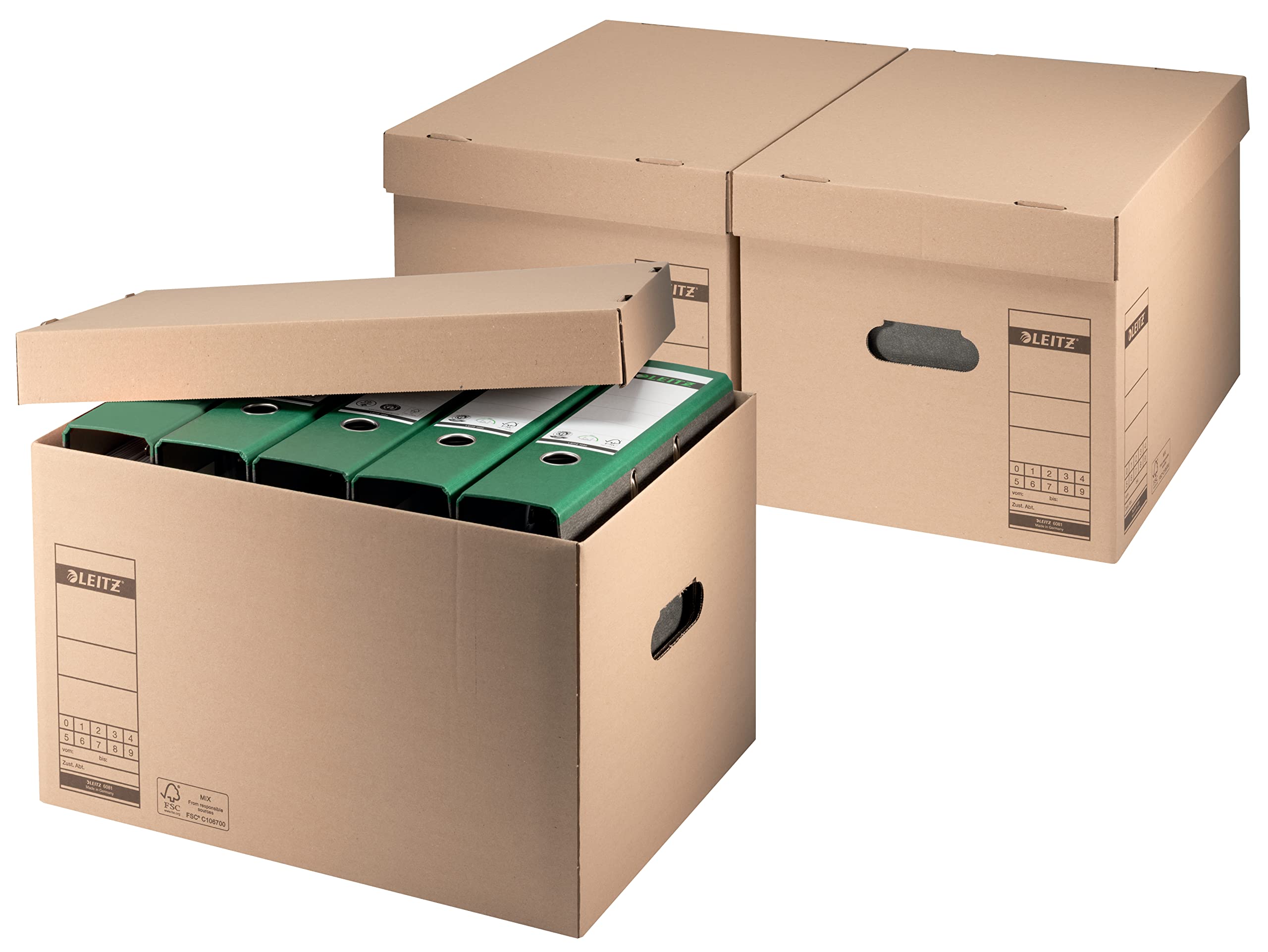 Leitz Premium 60810000 - Scatola per 4 raccoglitori A4 larghi o 7 stretti e altro ancora, con coperchio, confezione di cartone pieghevole, 100% riciclabile, 10 pezzi, marrone, 60810000