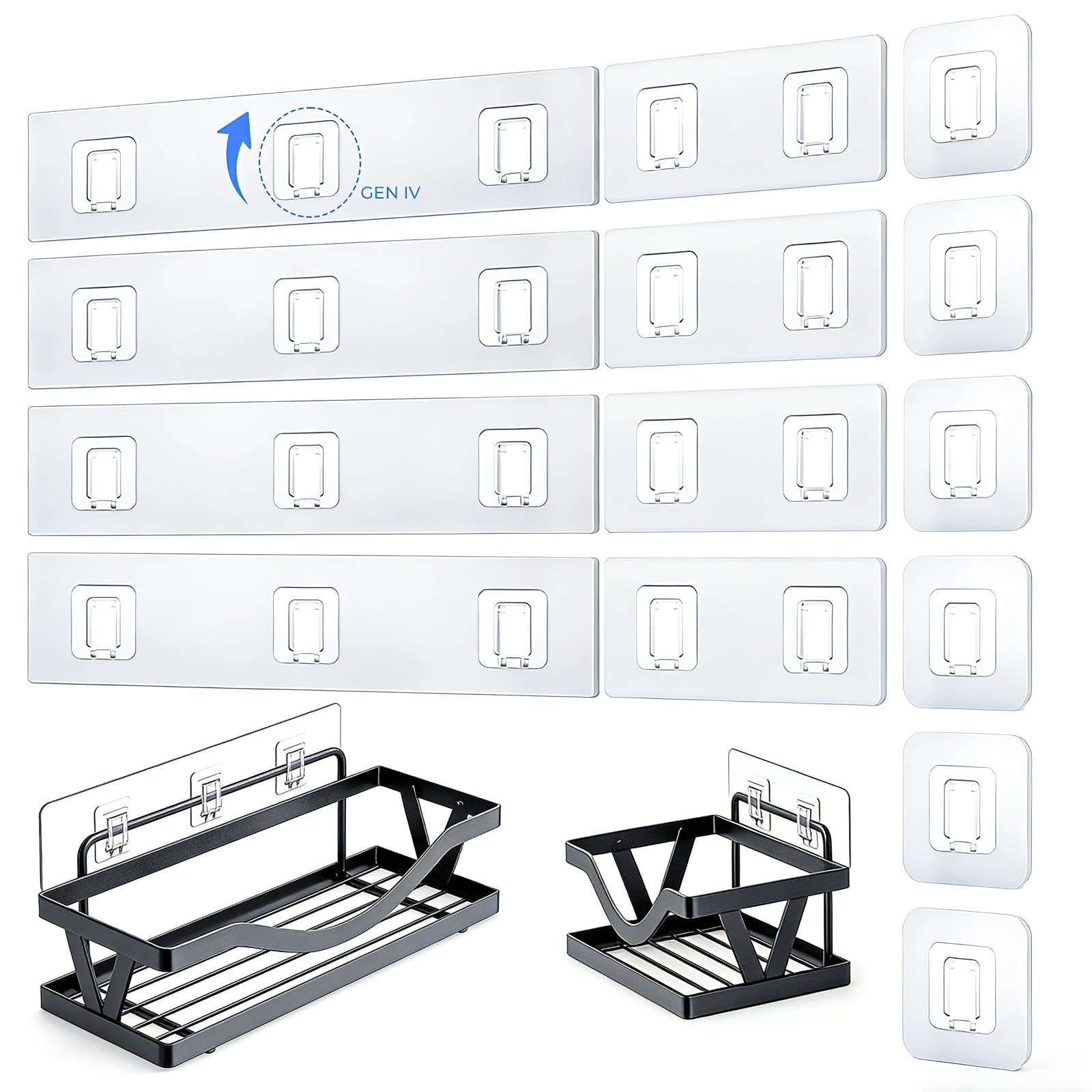 EJGIEGSO 14 Pack Shower Caddy Adhesive Replacement Flat Strips Heavy Duty Transparent Waterproof Hooks for Bathroom Storage Shelves