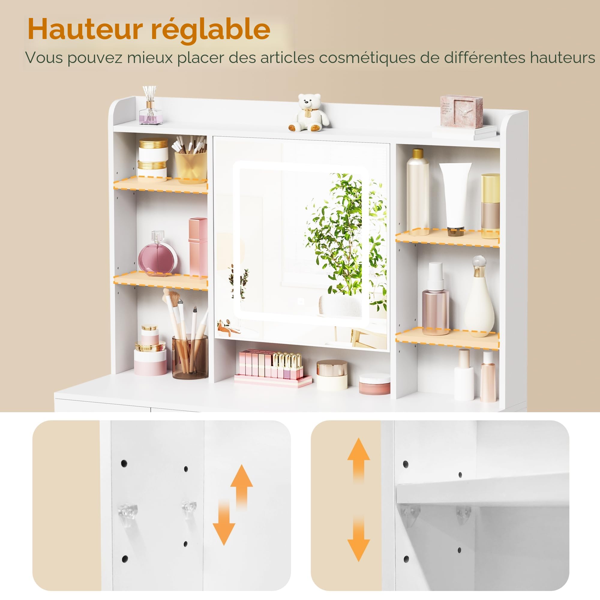BEWISHOME Grande Coiffeuse avec éclairage LED et Miroir, Luminosité Réglable, Coiffeuse avec Tabouret, Prise, 9 Tiroirs et 5 étagères Ouvertes pour Chambre à Coucher Blanc Couffeuse Moderne EFST36W