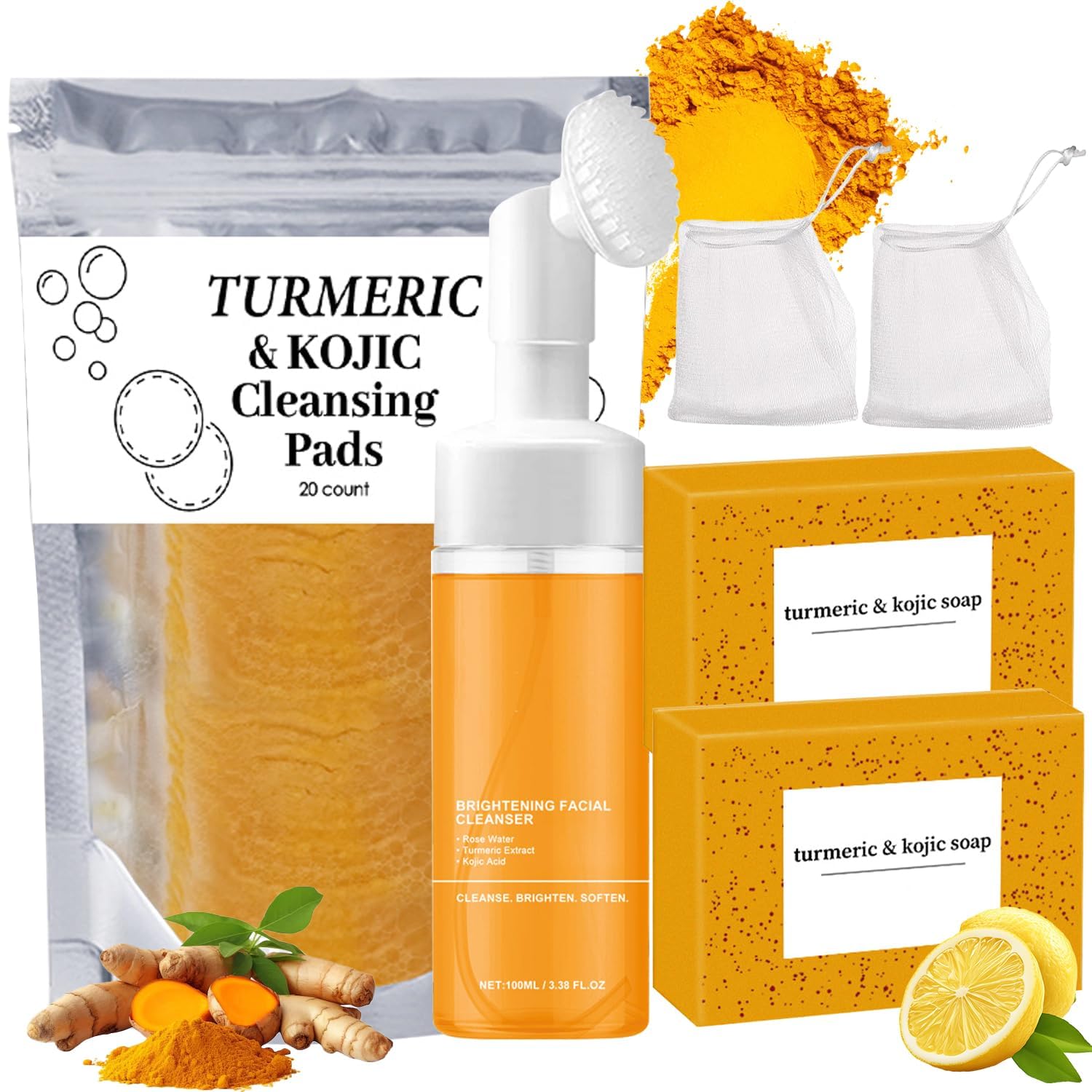 MAROJEIF 4Pcs Turmeric Wash and Care Three Piece Set,Tuemeric Facial Cleanser & Turmeric Soap Bar & Turmeric Face Scrub Pads,Face & Body Cleanser,Turmeric Cleansing Skincare Set, Deep Cleansing