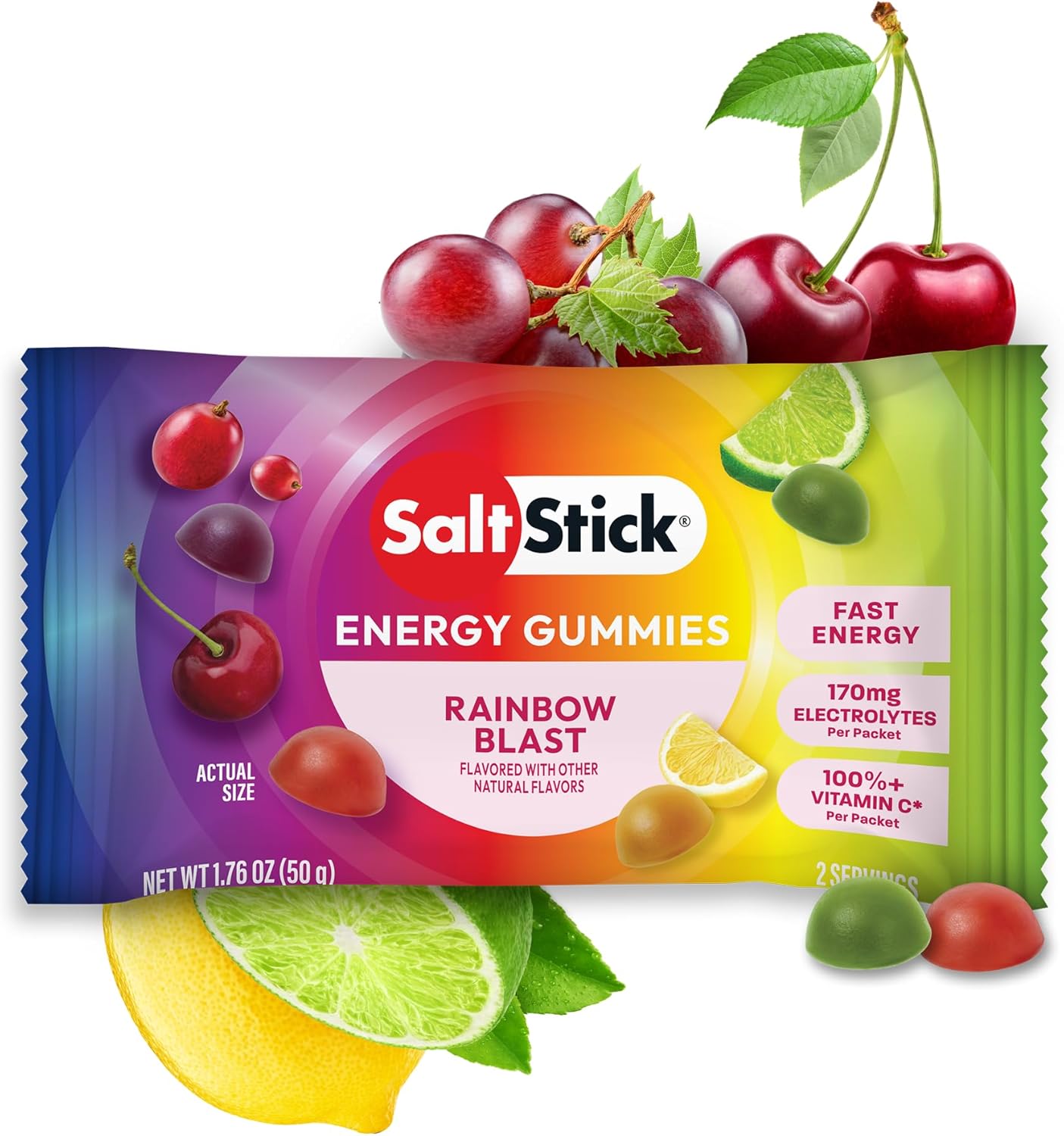 SaltStick Energy Gummies with Electrolytes, Rainbow Blast, Easy to Chew Electrolyte Gummy, 10 Packs, 80 Gummies