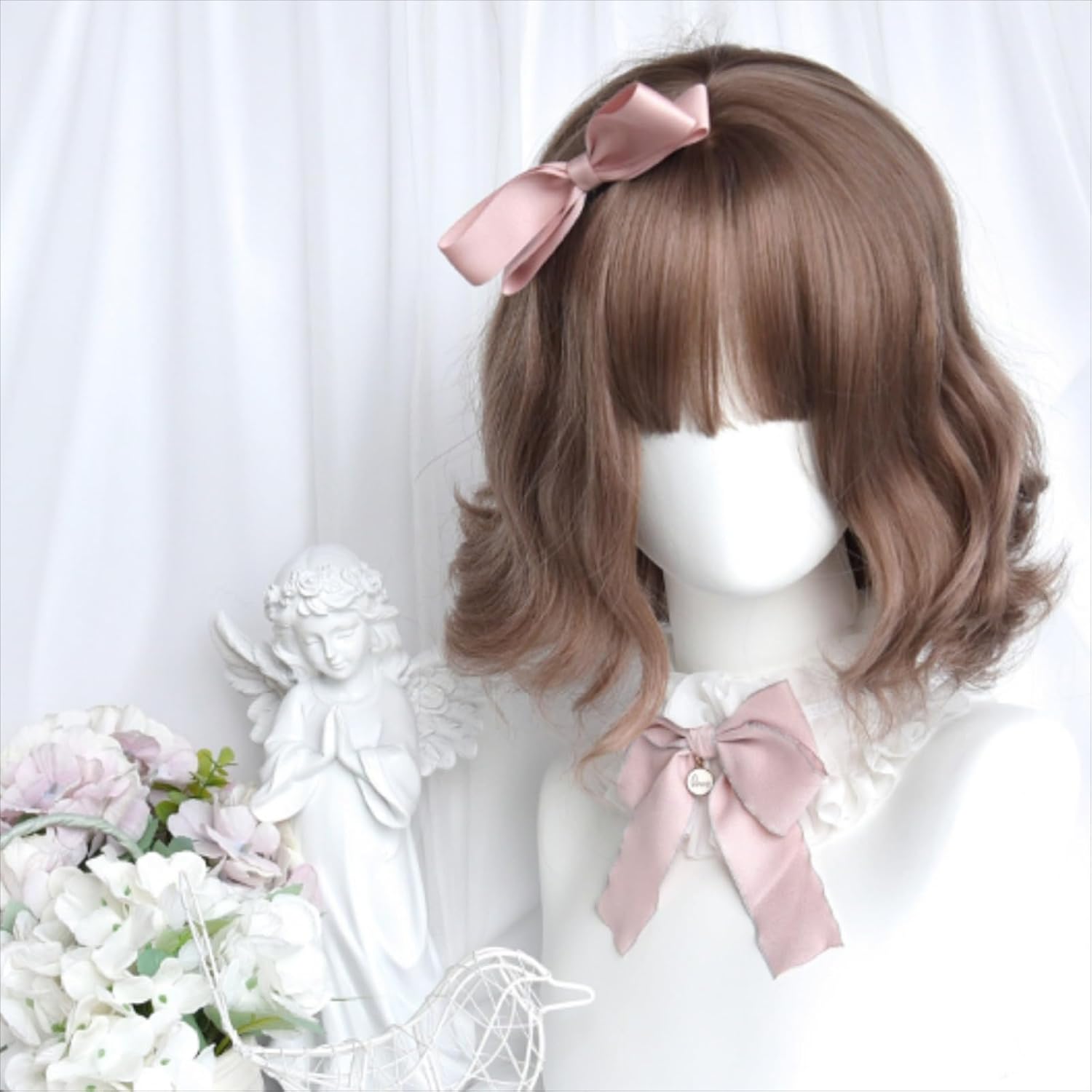 SCORRO Short Wavy Wig Brown, Blonde,Silver White,Pink Gradient Daily Wigs with Bangs, Natural Irregular Volume Party Halloween Wig Lolita Cosplay Wig for Women Girls (Platinum)