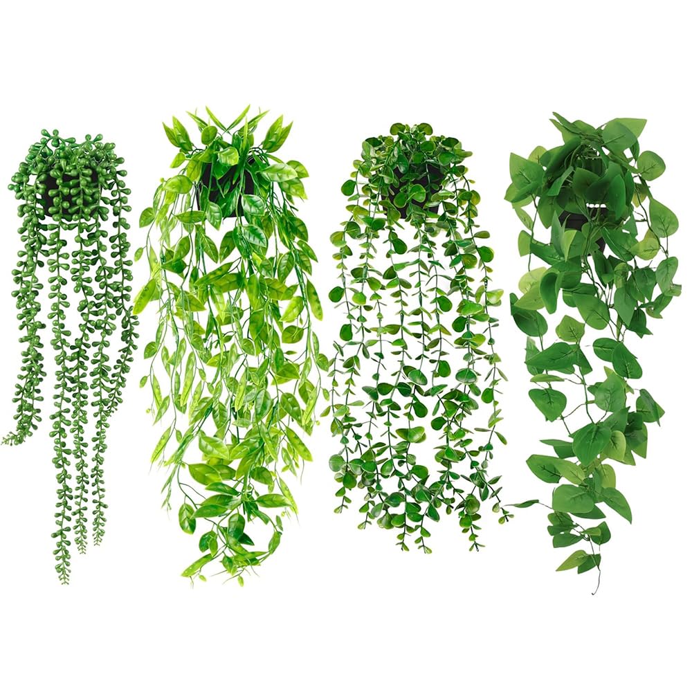 Artificial Hanging Plants for Shelf Home Decoration, 4 Pack Fake Green Plant Indoor And Outdoor Ornaments Large Faux Realistic Succulent Decorative For Bathroom,Office,Bedroom And Kitchen Accessories