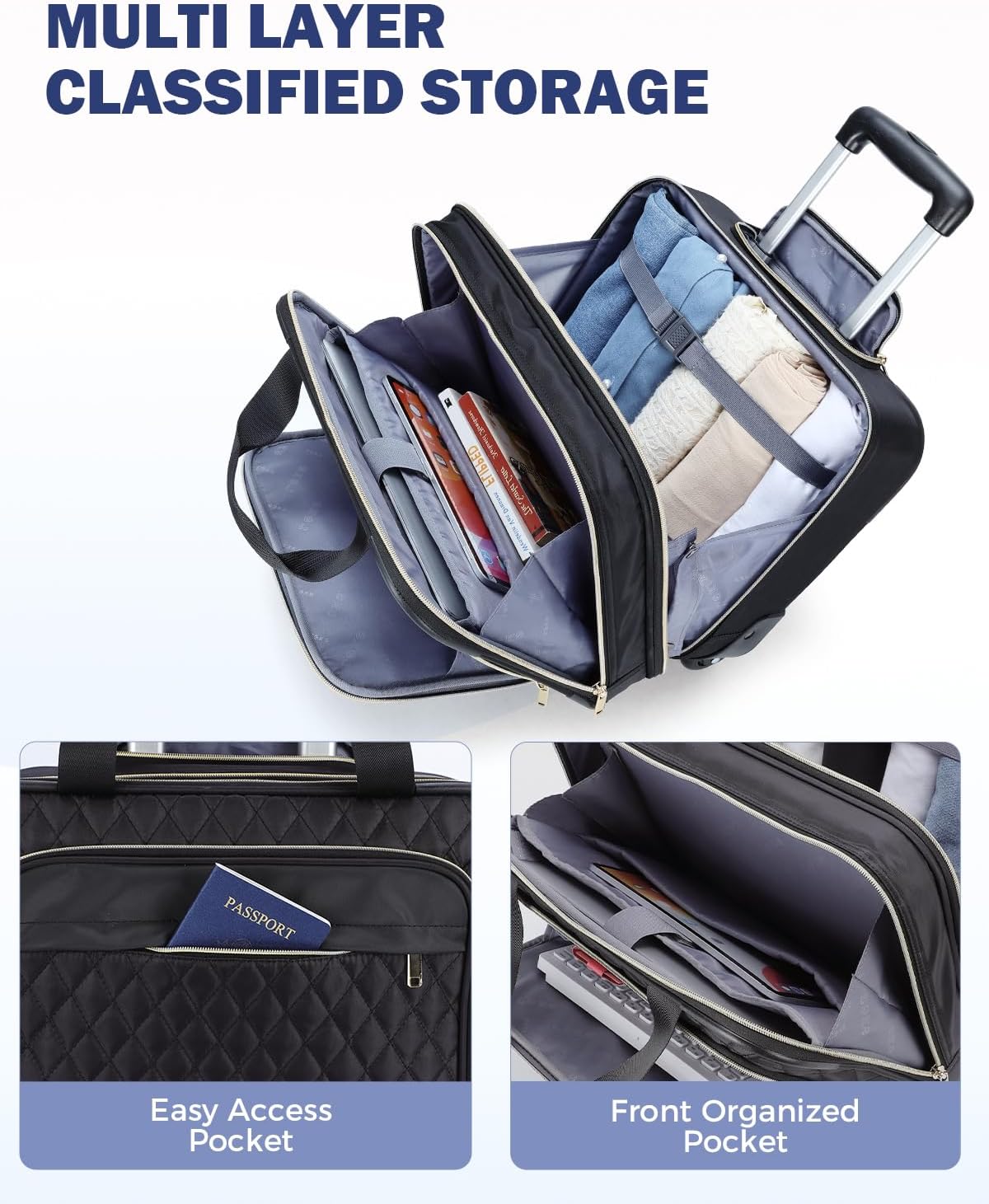 Rolling Laptop Bag, 15.6 Inch Rolling Briefcase for Women with Wheels, Carry On Flight Approved Roller Computer Case for Travel Work College Business Wife Mom Teacher, Black