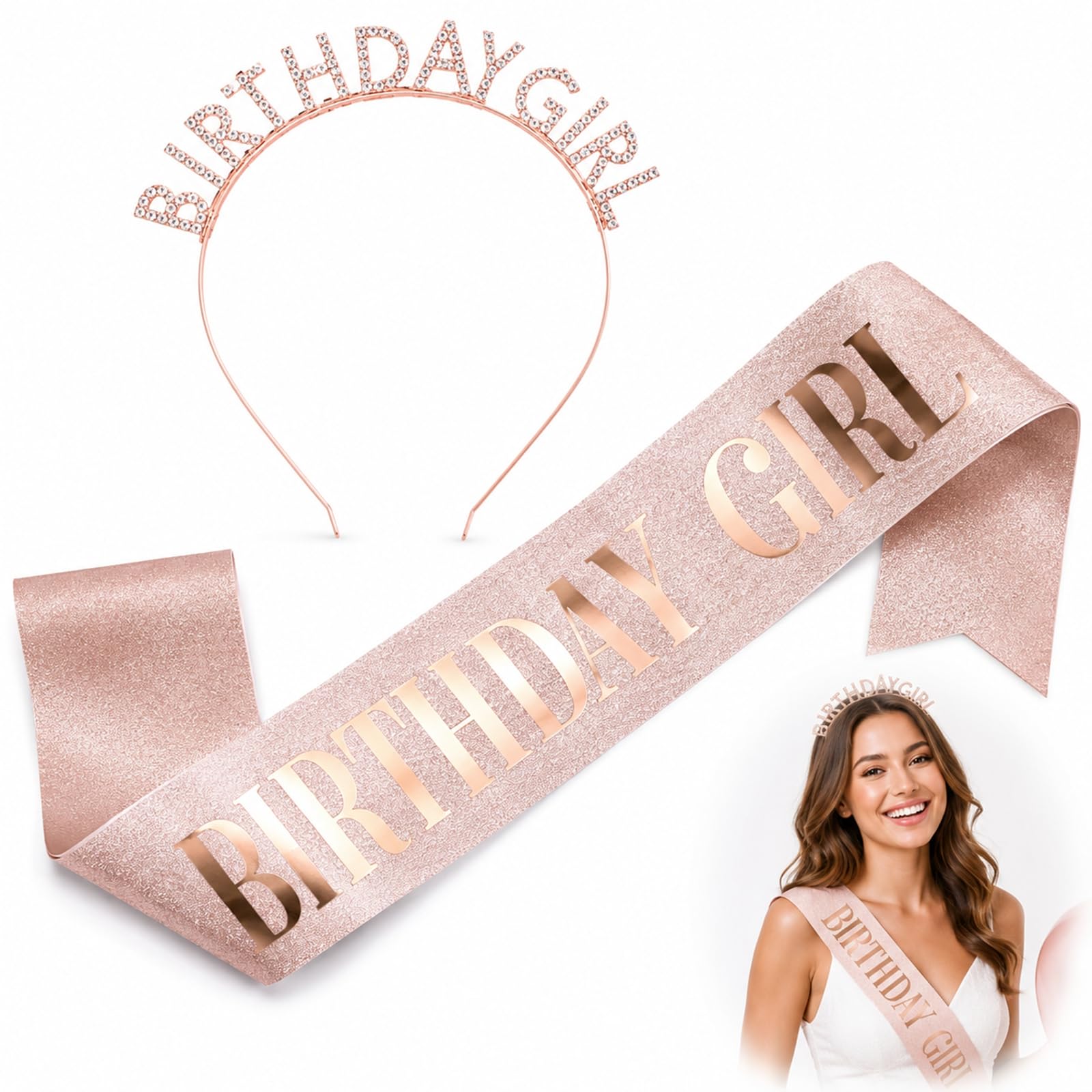Birthday Sash And Lettered Headband Set, Rose Gold, 2-Piece, For Women