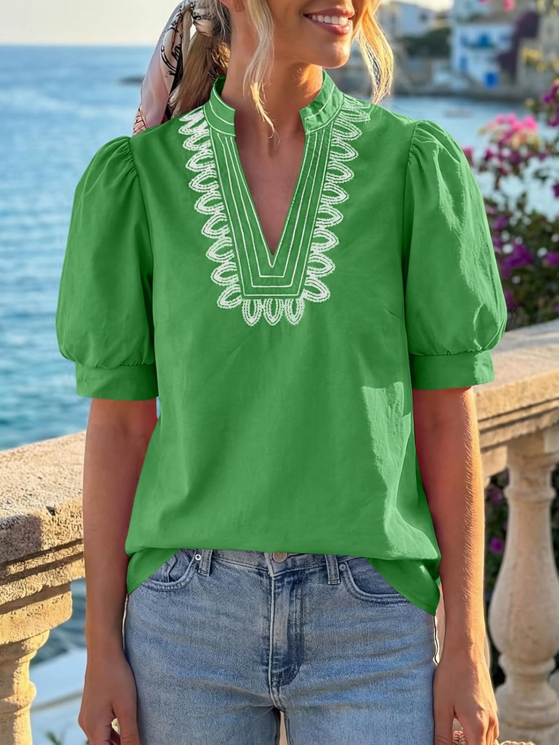 Cicy Bell Womens Puff Short Sleeve Blouses Summer Casual Dressy Embroidered V Neck Tops Loose Fit Tee Shirts - Image 2