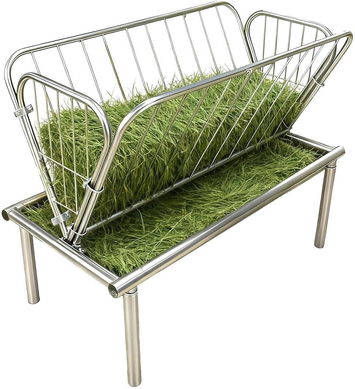 2 in 1 Goat Hay Feeder, 4 Ft Long Heavy Duty Galvanized Steel Livestock Feeder with 6-Inch Deep Tray, for Sheep, Horses, and Calves, Includes Mineral Feeder for Goats Function