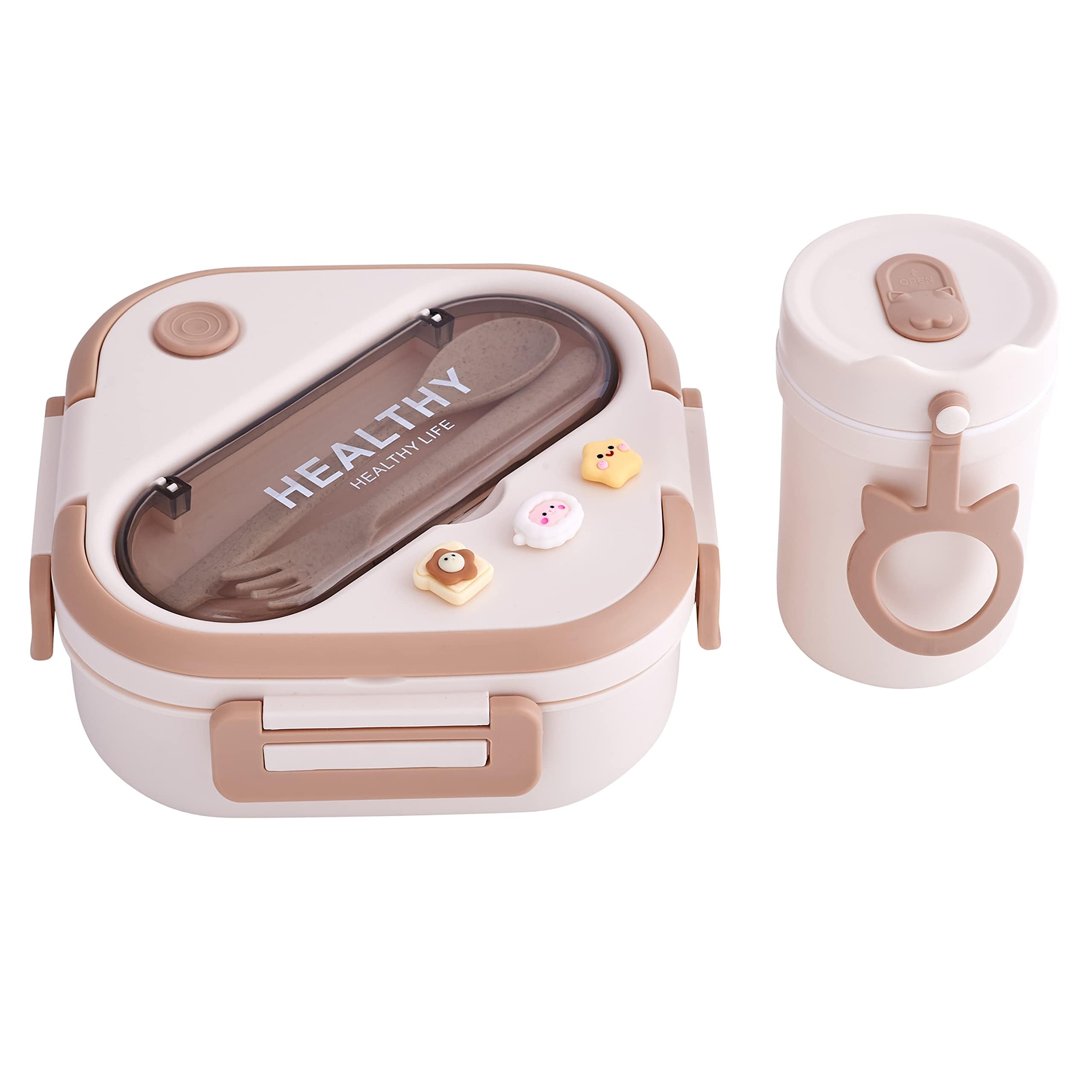 Sponsored Ad – NALACAL Bento Lunch Box for Kids & Adults - 3 Compartment With Cutlery & Cup, Kawaii 3D Stickers - Apricot