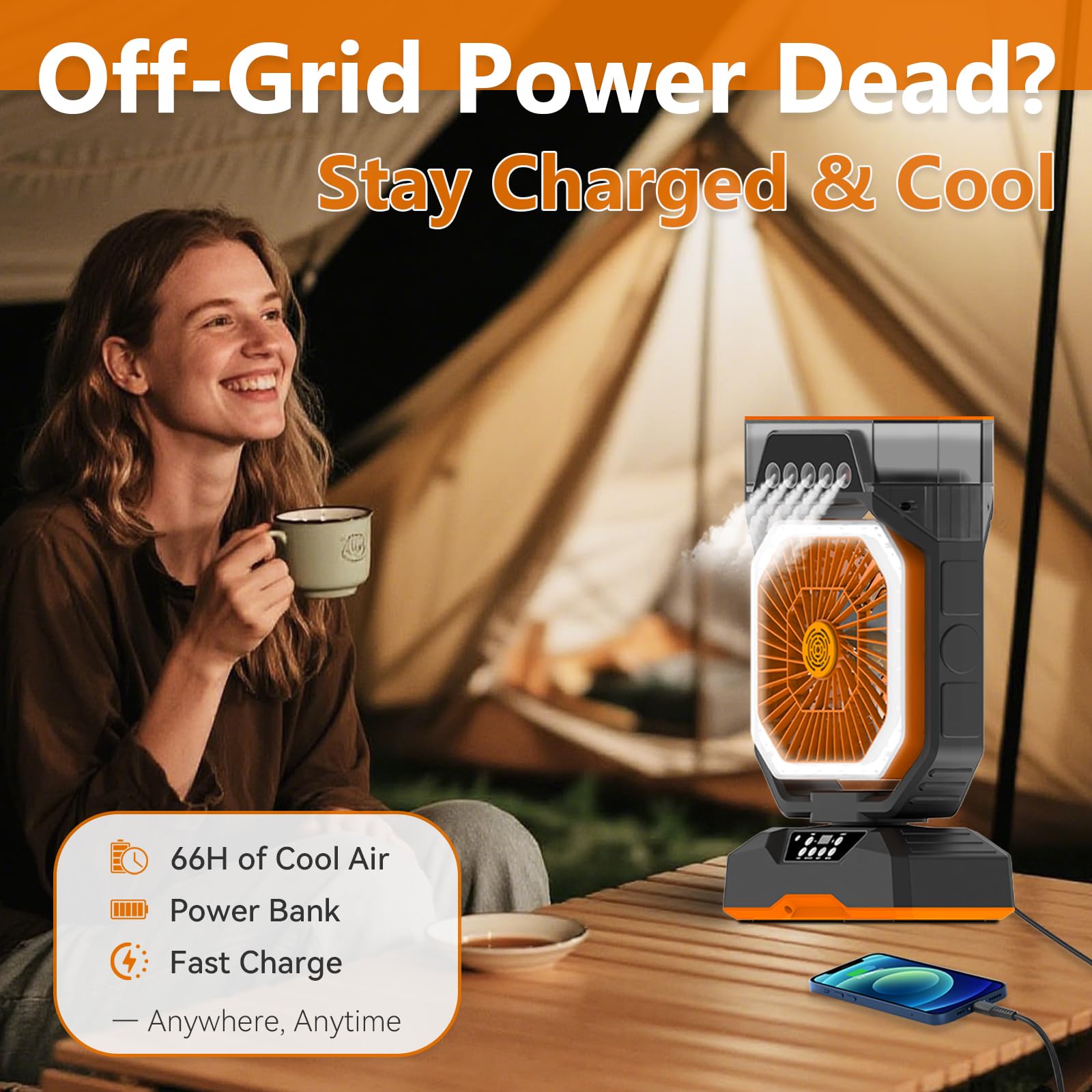 Ventilador de nebulización recargable para camping y hogar, ventilador de refrigeración portátil de 6 velocidades con niebla ajustable, caja de aromaterapia, temporizador de 8 horas, batería de carga