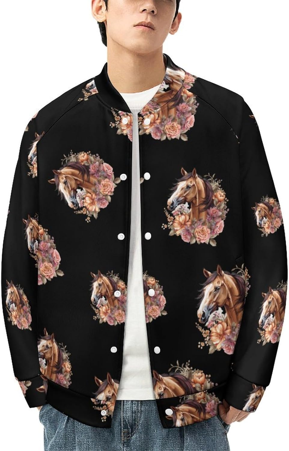 Horse with Flowers Novelty Men's Baseball Jackets Causal Sweatshirt Button Top Long Sleeve Coat