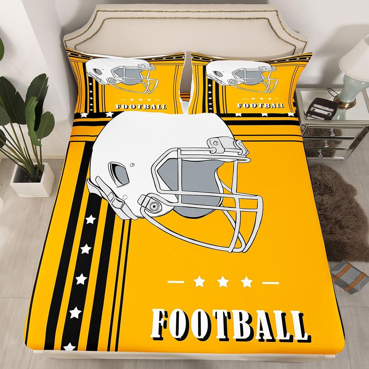 Erosebridal Gridiron Theme Bed Sheets Set - Boys Yellow Black Stripes Stars Sheets Twin, City Sheet Set for Youth Teens Football Gifts for Sports Lovers