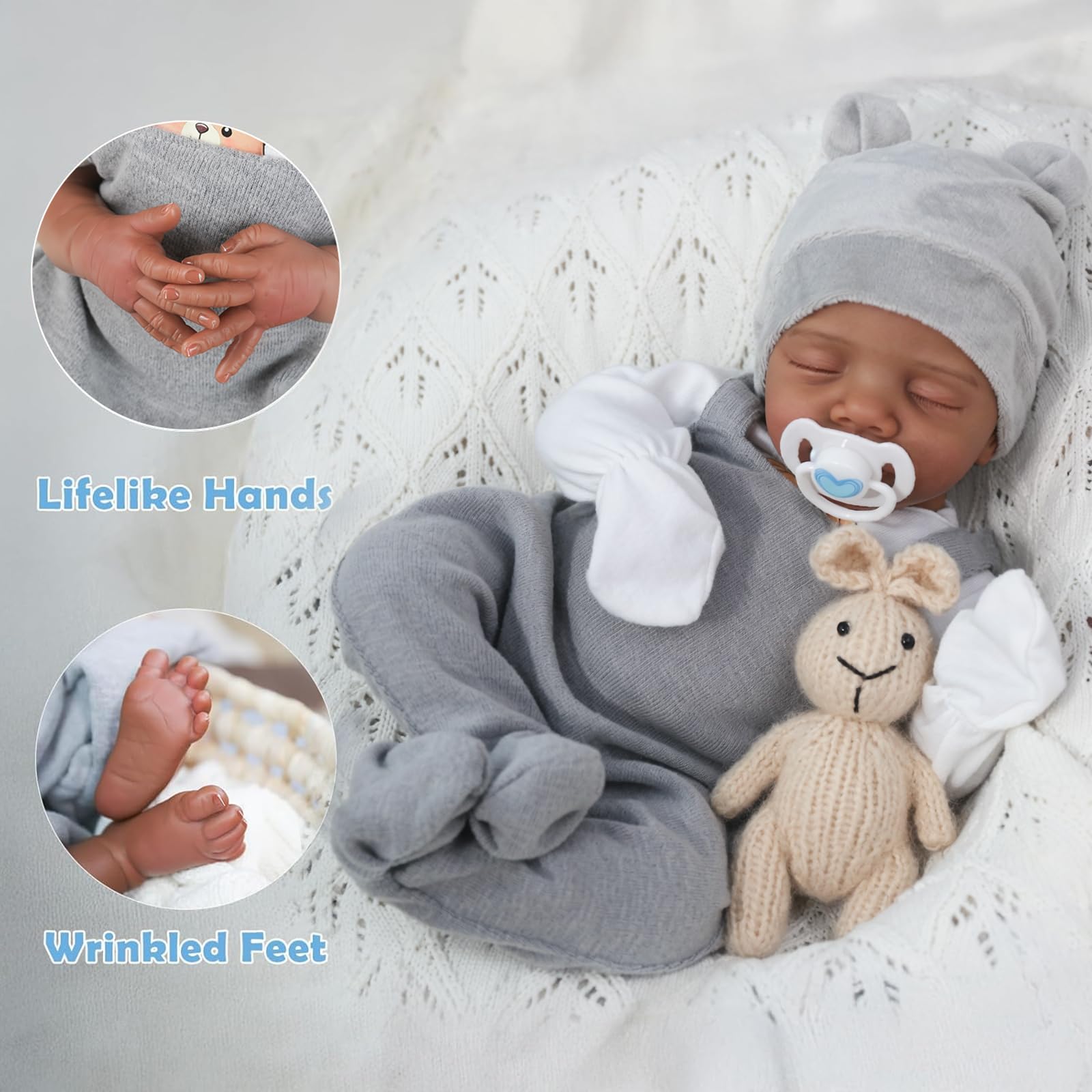 Muñecas de bebé Reborn realistas negras – Muñeca de bebé de la vida real de 18 pulgadas, muñeca de bebé afroamericana real, muñeca de bebé recién nacido realista con cuerpo suave, juego de 6