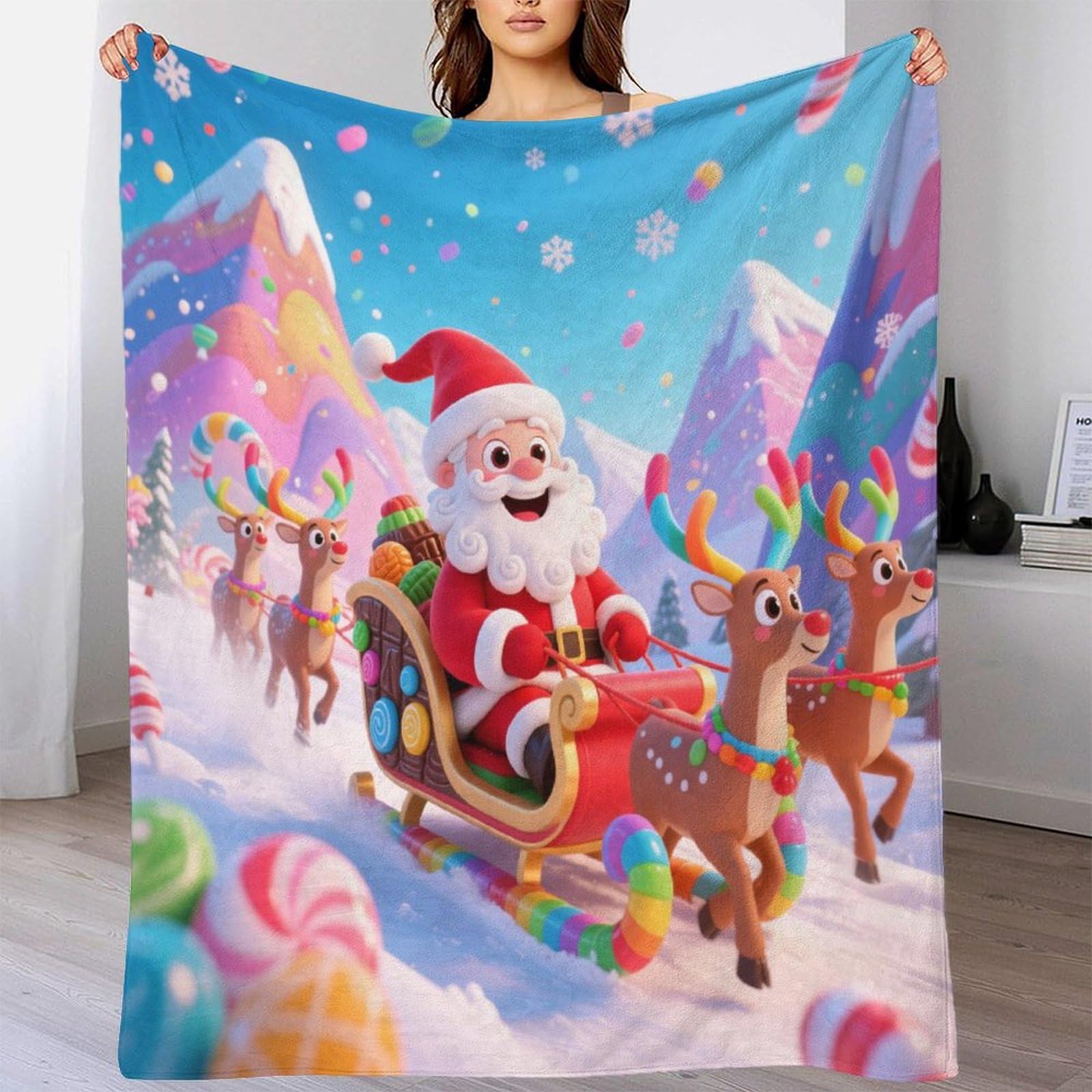 Coperta natalizia in morbido pile di flanella termica con stampa 3D, motivo Babbo Natale e alce, leggera, versatile, per viaggi, campeggio, caldo, multifunzionale, 150 x 200 cm