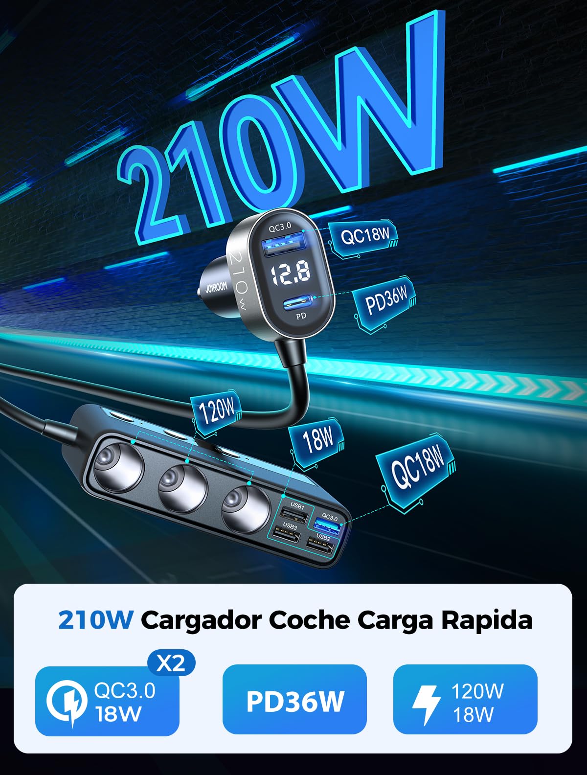 JOYROOM 210W 9-en-1 Divisor Encendedor Cigarrillos,【2025 Nuevo】 12V/24V Divisor Salida 3 Socket Cigarette Lighter Splitter con 36W PD/QC 3.0, 5 Puertos de Carga USB & Voltímetro LED para iPhone 16