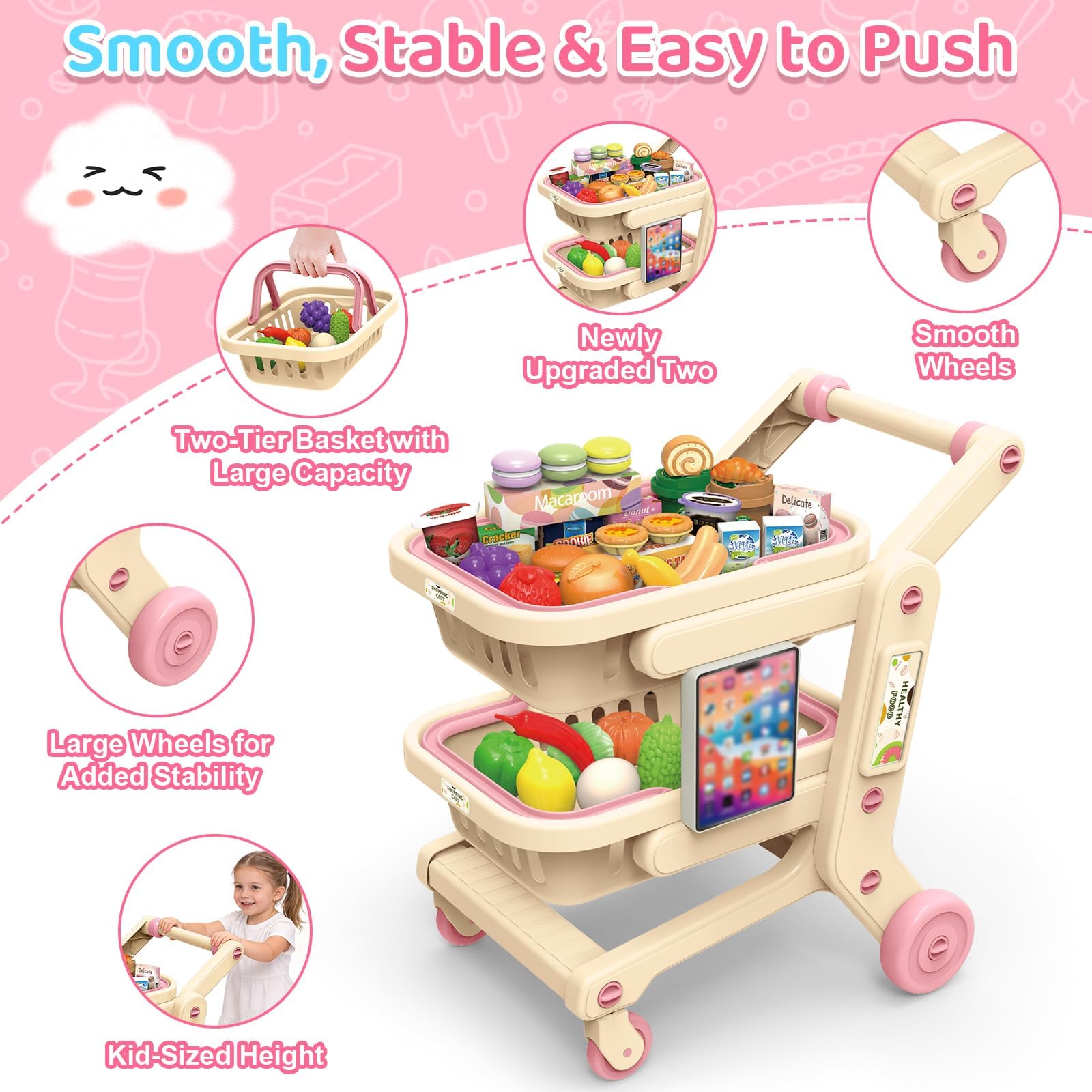 deAO Carrello Spesa Bambini con Frutta, Verdura | Carrello Spesa Giocattolo Bambini Gioco di Ruolo Cestino Della Spesa Portatile 2 Ripiani Dotato di Ruote Scorrevoli