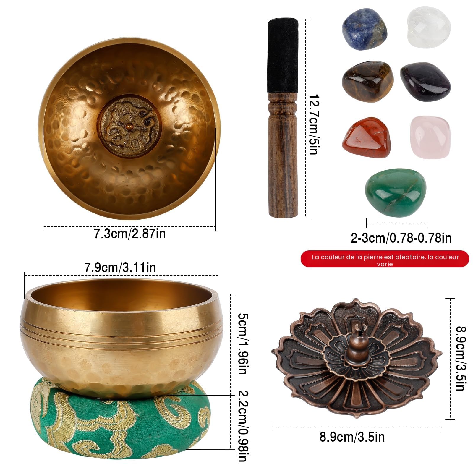Bol Chantant,7.9cm Bol de Méditation Yoga avec Maillet en Bois/Coussin de Soie/7 Pierres de Chakra/Porte-encens/Sac, Bol de Méditation pour Méditation/Yoga/Relaxation Mentale, Bols Chantants Tibétains