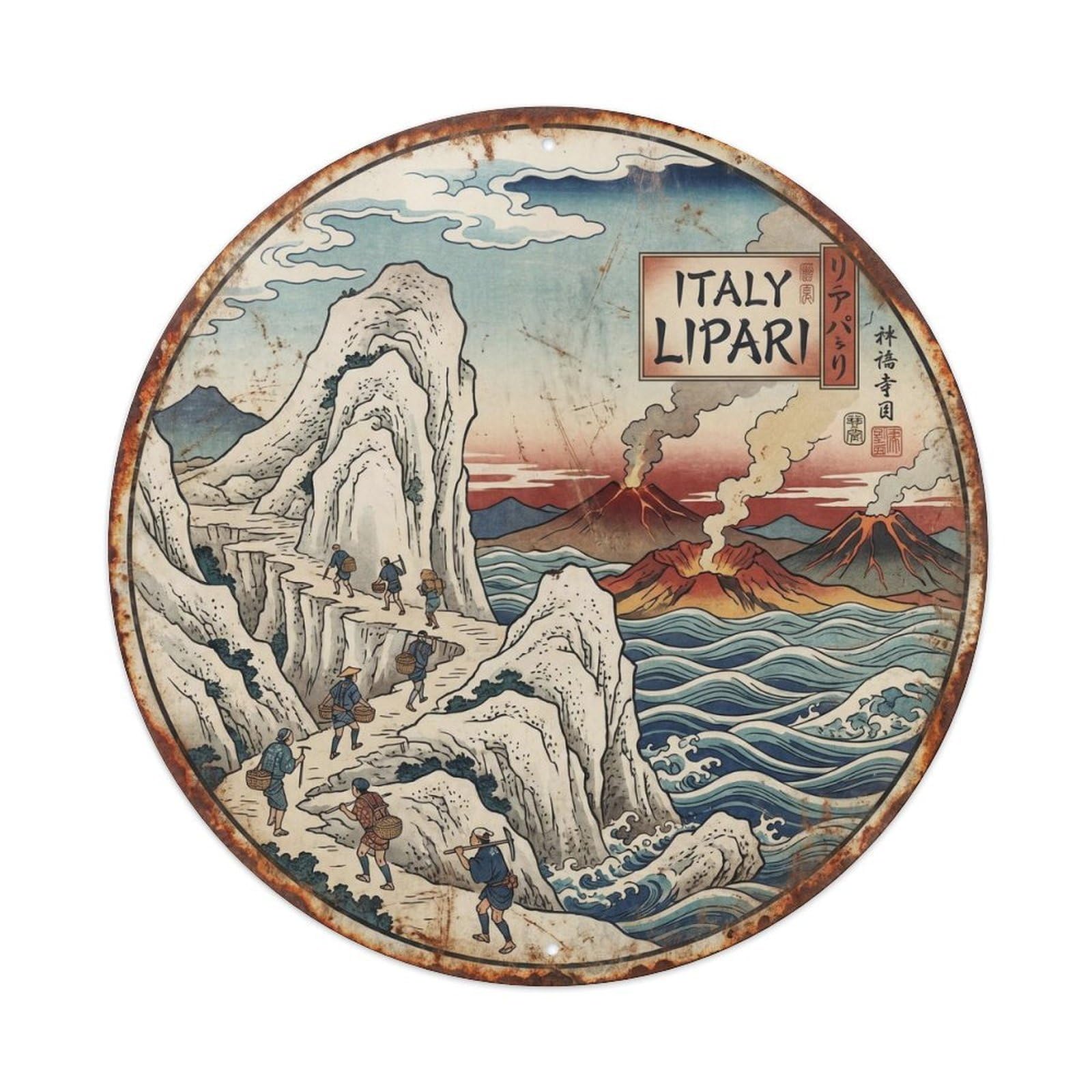Lipari Pumice Italian Woodblock Volcanic Landscape Metal Tin Sign Plaque Wall Decor for Cafe, Man Cave, Club Bar, Office, Home Garden Round Metal Poster 8x8Inch