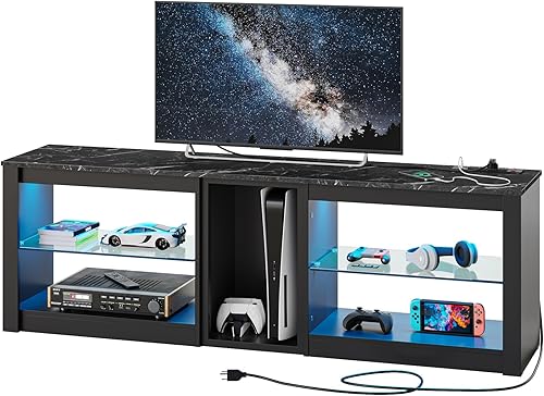 Miniatura 7 de Bestier Soporte de TV para TV de 70 pulgadas con tomas de corriente, centro de entretenimiento LED para PS5, consolas de TV para juegos con estantes
