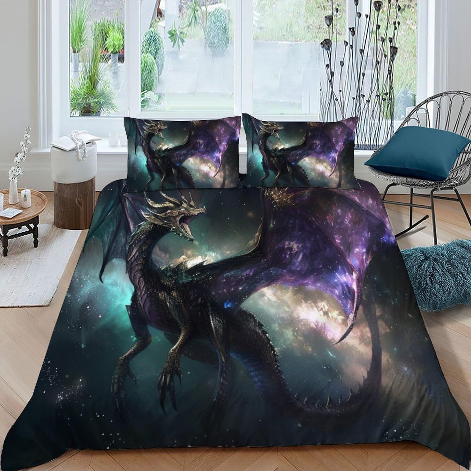 Parure de lit dragon noir facile à laver et sans repassage en microfine pour lit 2 personnes