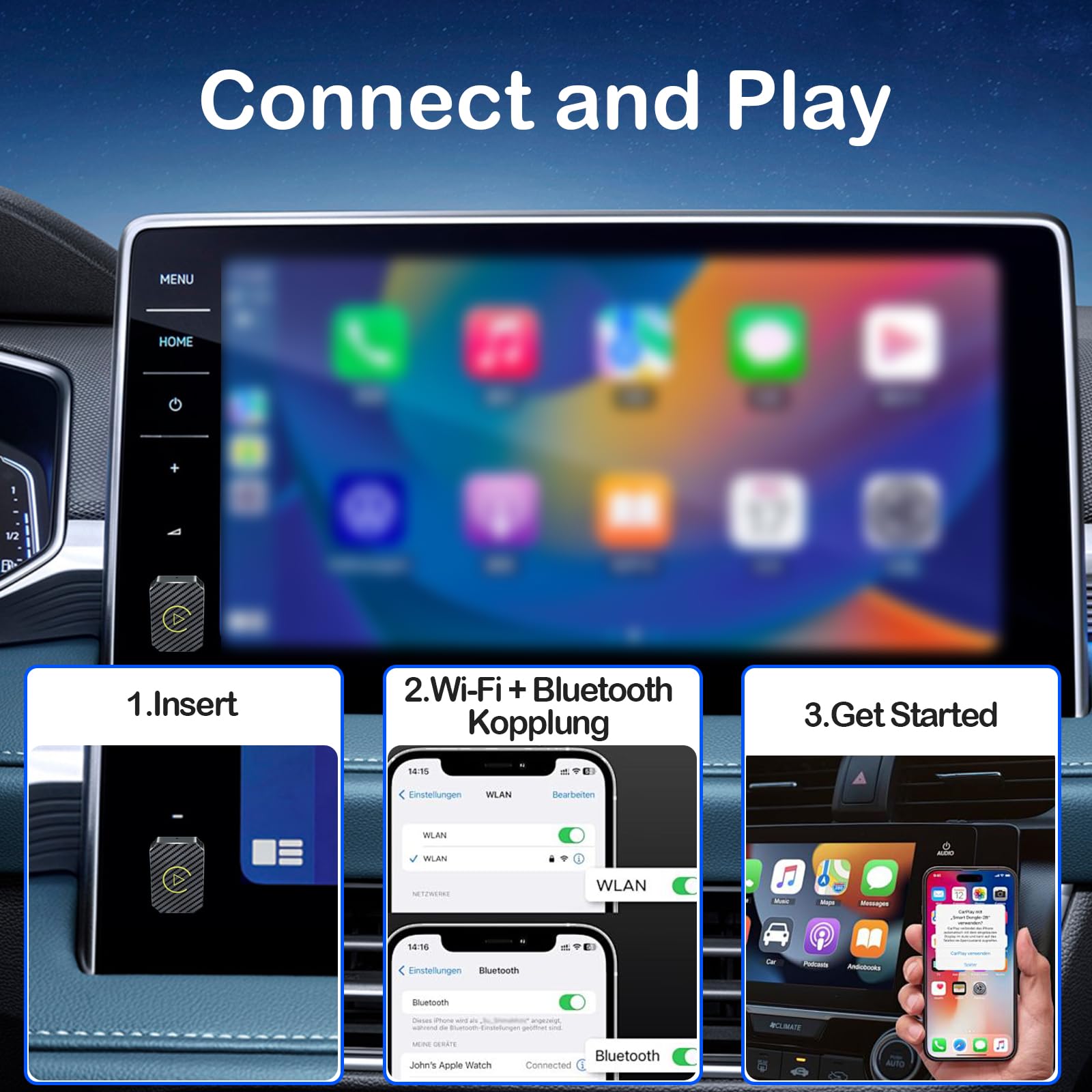 Adaptateur CarPlay Sans Fil, Carplay Android Auto, 2-en-1 Carplay adaptateur sans fil, convertir carplay filaire en car-play sans fil, pour Voitures équipées De Car-play & AA,USB C/A, Plug And Play