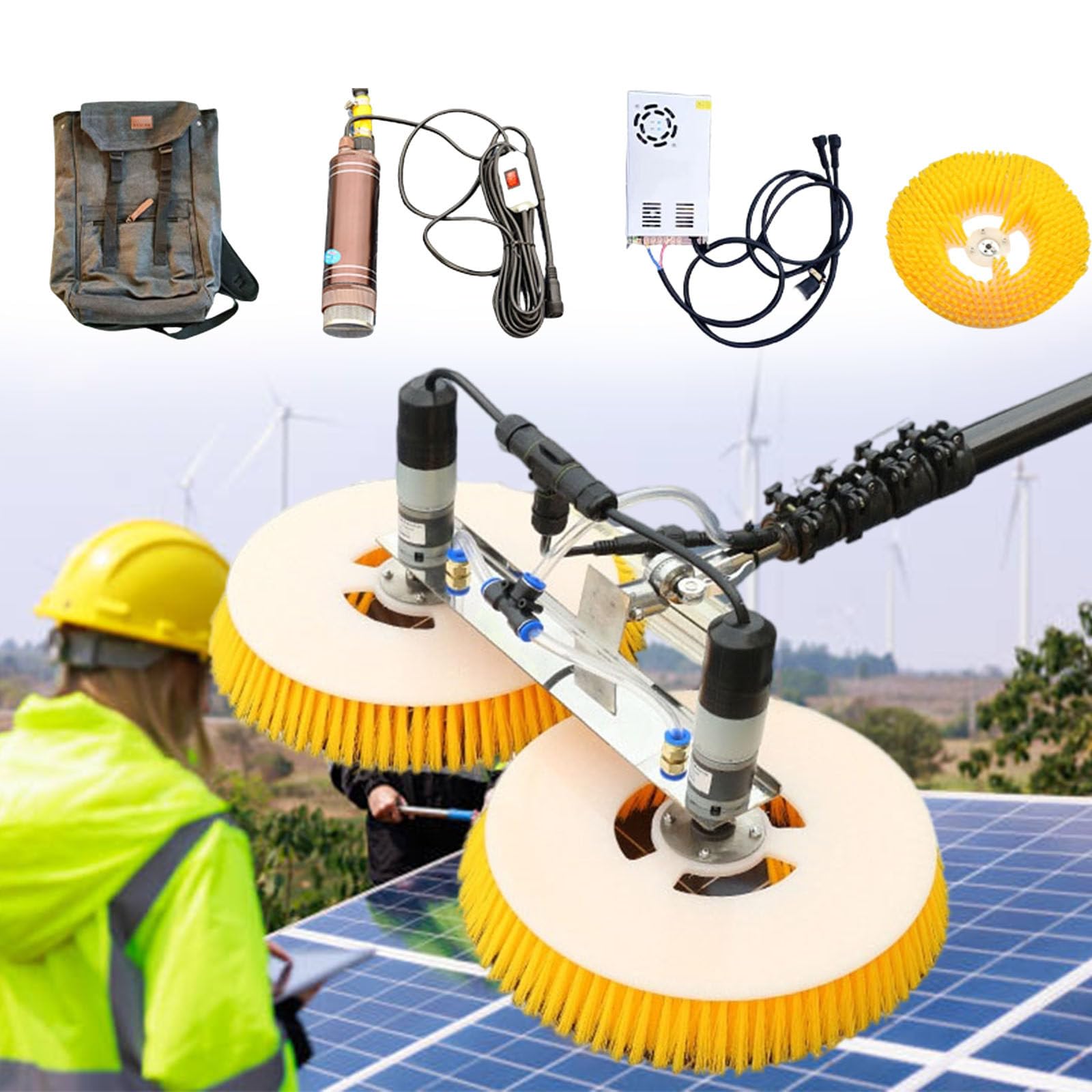 Spazzola per Pulizia/Lavaggio di Pannelli Solari Fotovoltaici Elettrici, Asta Telescopica,Testine Doppie Girevoli,Testina per La Pulizia di Pannelli Fotovoltaici E Solari,6 M