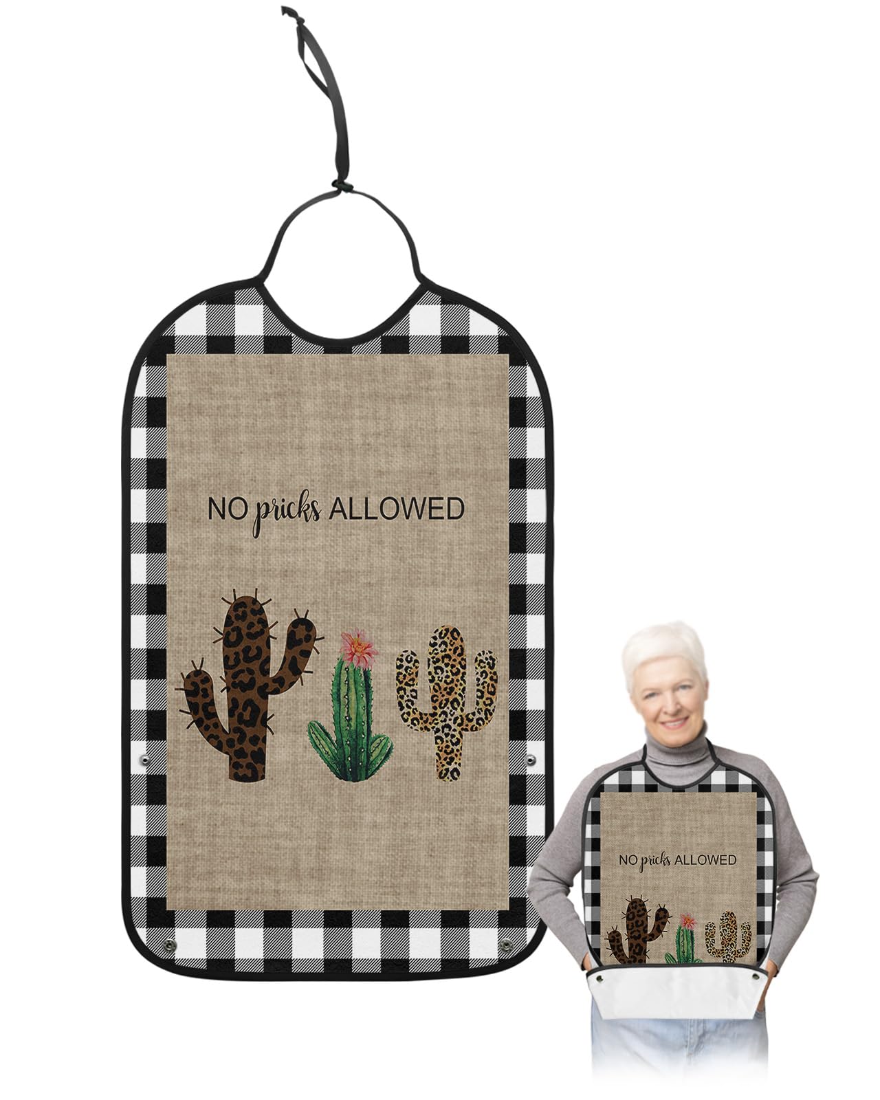 Tropical Adult Bibs for Eating, Waterproof Bibs with Food Catcher & Adjustable Snap Closure, Black White Plaid Cactus Rustic Burlap Washable Clothing Protectors Adult Bibs for Elderly Women/Men
