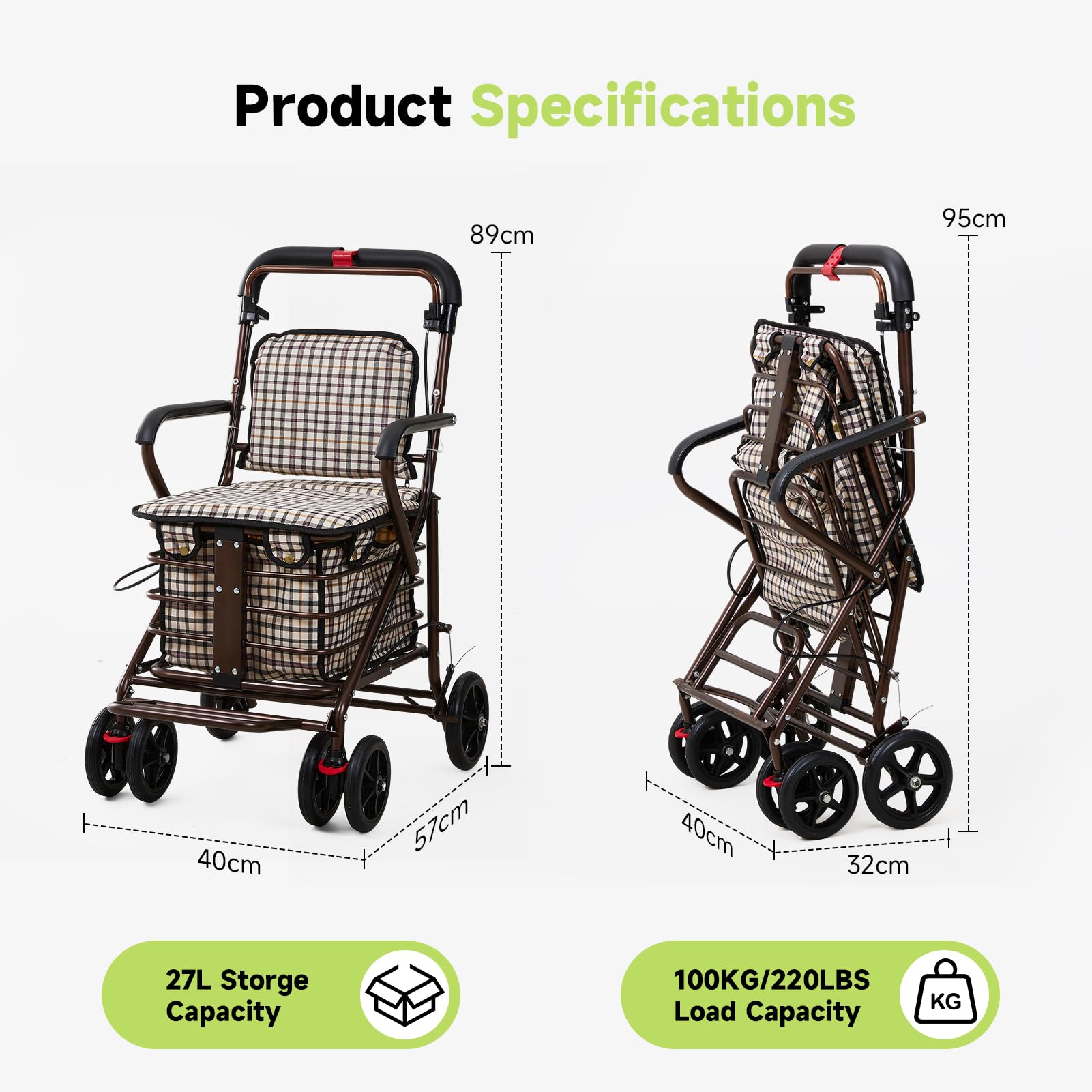 Shopping Basket Cart The Fellie Walk And Rest Shopping Trolley With Seat For Elderly, 27L Sit & Go Shopping Trolley On Wheels With Backrest, Foldable Seated Shopping Lightweight Cart For Elderly