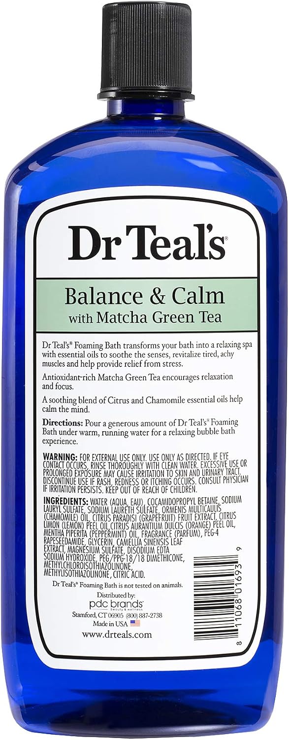 Dr Teal's Epsom Salt Antioxidant Rich Matcha Green Tea Foaming Bath - Balance and Calm - Pack of 3, 34 Oz ea - Moisturize Your Skin, Relieve Stress and Sore Muscles, Long Lasting Bubbles