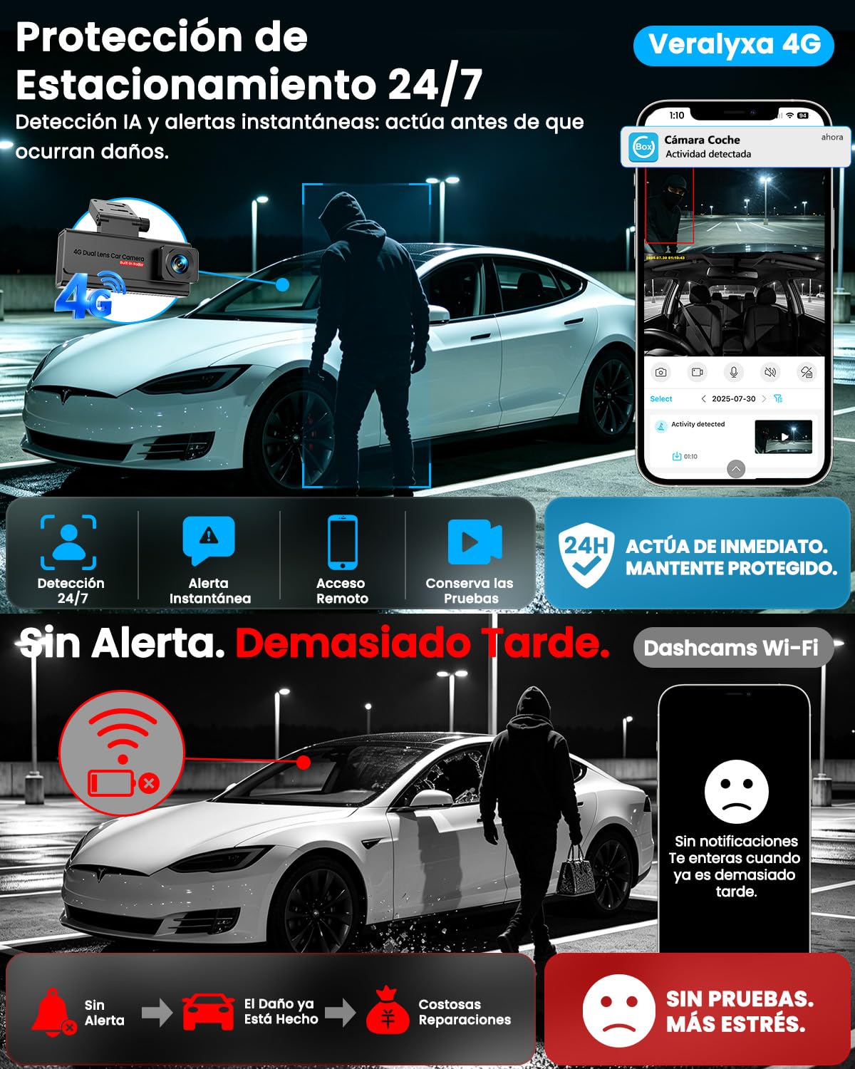 Dashcam 4G LTE con SIM, Vista Remota por App y Aparcamiento 24/7