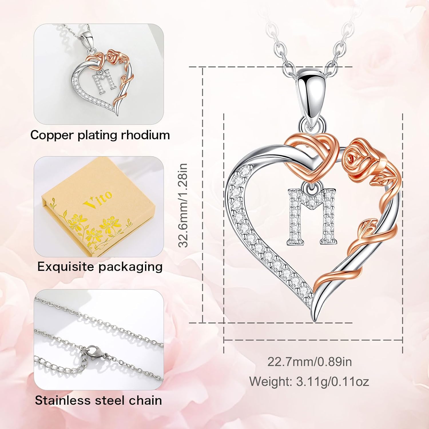 Vito Copper Silver Plated Initial Heart Necklace with Cubic Zirconia for Women, Rose Gold-Plated Flower Letter A to Z Pendant Heart Alphabet Personalized Jewelry Gifts, 18"+2" Stainless Steel O Link Chain - Image 4