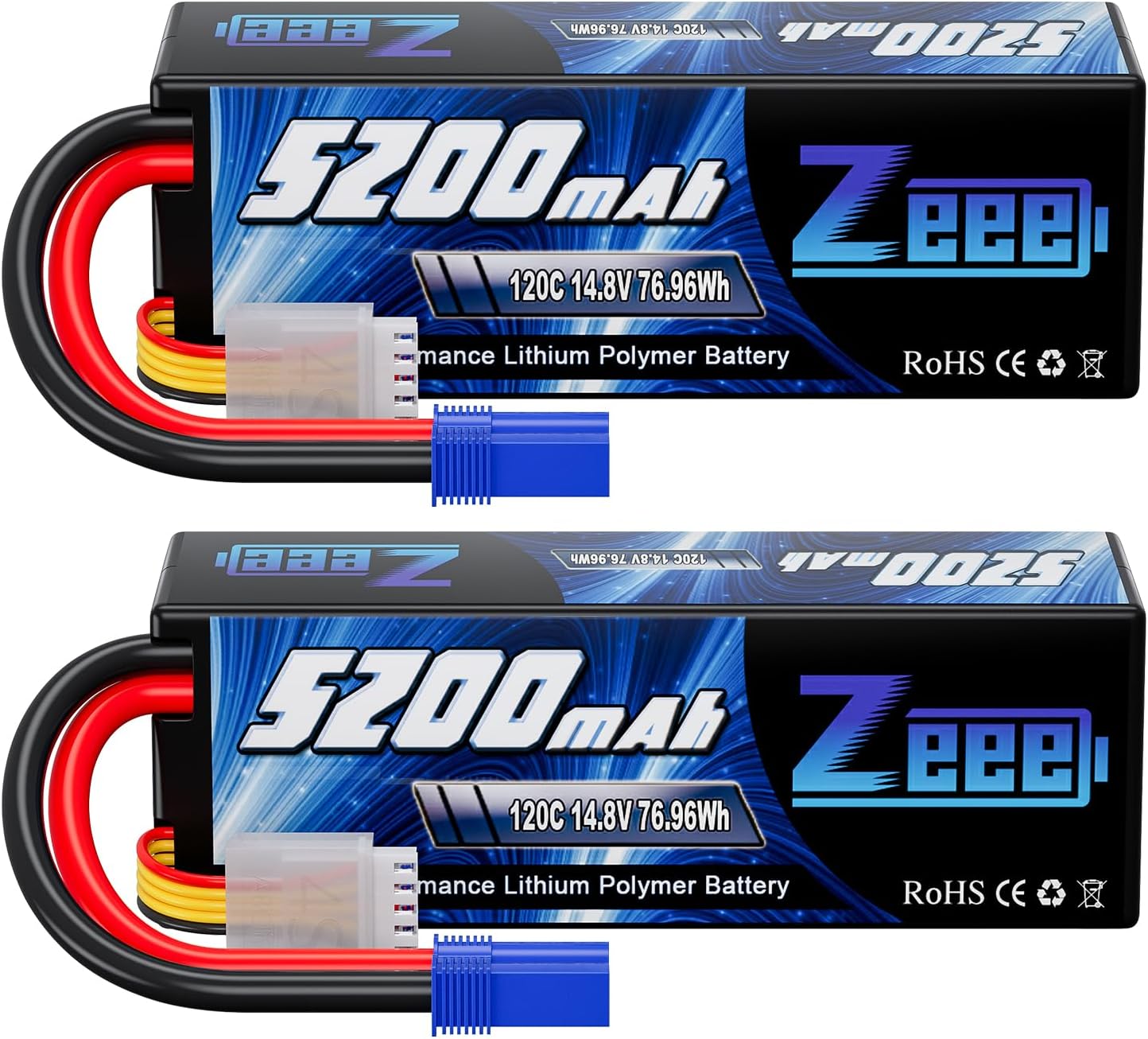 4S Lipo Battery 5200mAh 14.8V 120C Hard Case Battery with EC5 Plug for RC Buggy Truggy 1/10 Scale Racing Truck Crawler Monster RC Car Boat(2 Pack)