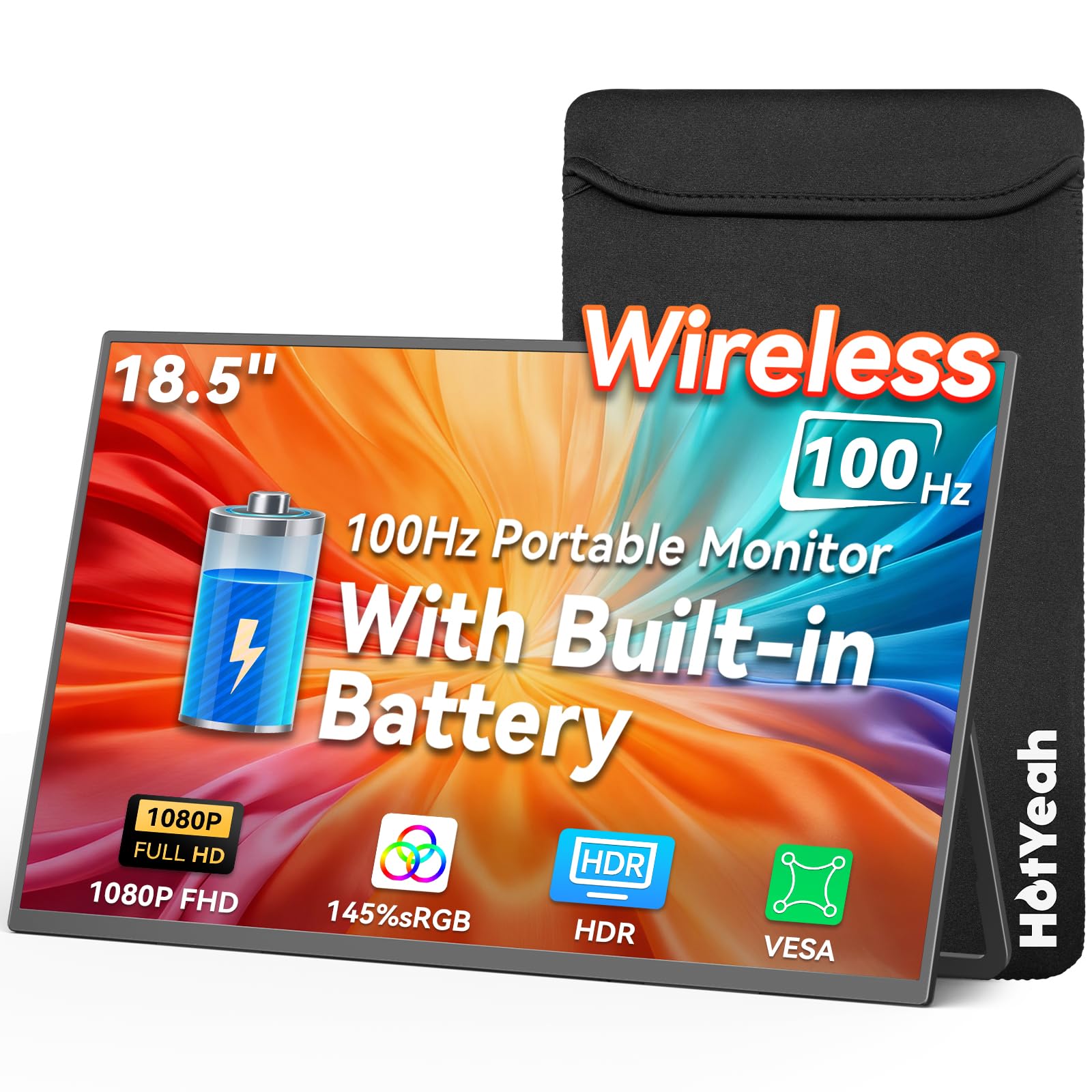 18.5" 100Hz Wireless Portable Monitor with Rechargeable 10000mAh Battery