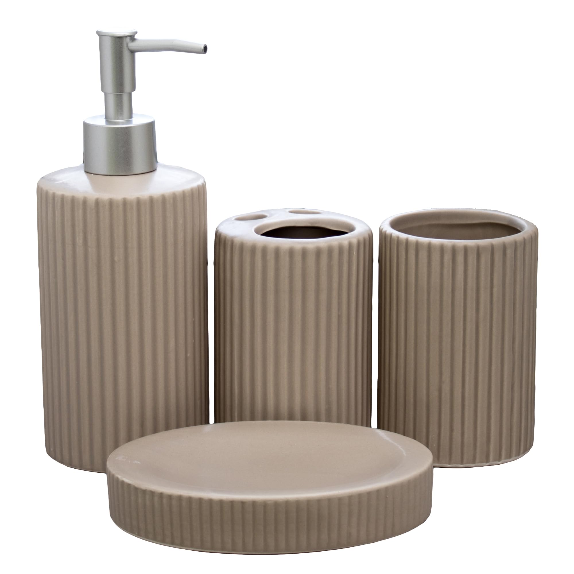 Set Of 4 Ceramic Bathroom Accessories Ribbed Dispenser Dish Toothbrush Tumbler (Brown)