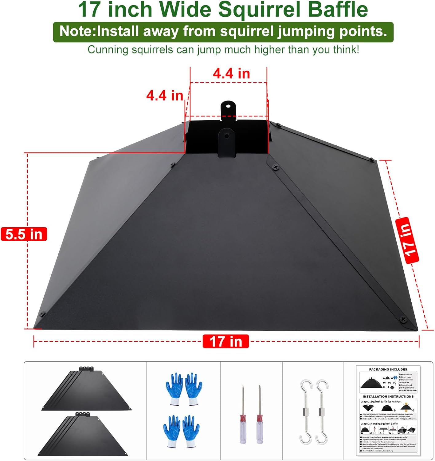 2 Pack Squirrel Baffle for 4x4 Post or Hanging, 2-in-1 Metal Squirrel Guards for Wooden Pole, 17 Inch Outdoor Hanging Feeders to Deter Squirrels or Other Small Animals (Black)