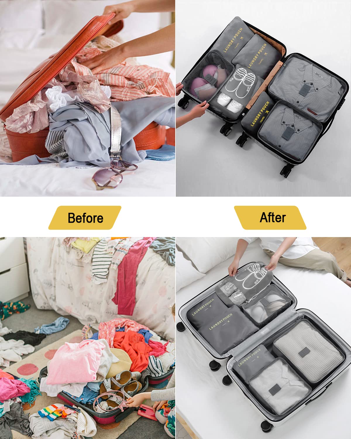 BillyBath Set di organizer per valigie, 8 in 1, organizer da viaggio, per vestiti, scarpe, cosmetici, colore grigio