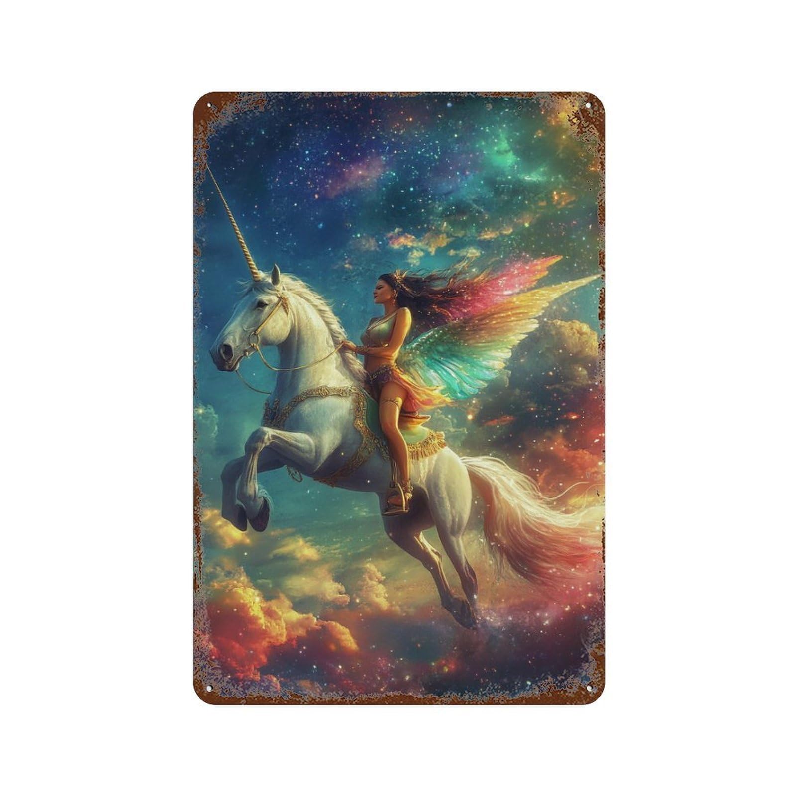 Fantasy Unicorn Ride Art Print 11.8"x7.9" Vintage Rust Metal Sign, Shabby Chic Decor for Garage, Bar And Workshop Decor