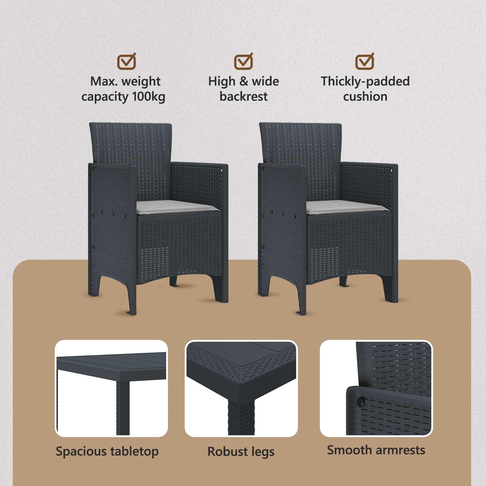vidaXL Conjunto de Comedor de Jardín 3 uds. Antracita Polipropileno | Hecho de ratán de poliéster resistente, Ideal para usar al aire libre, Incluye cojines impermeables