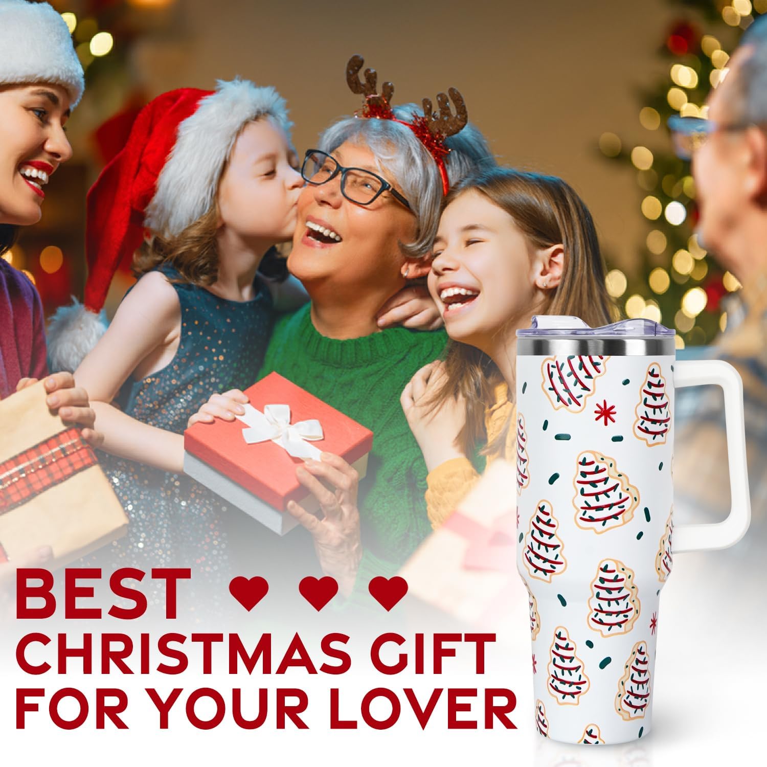 Christmas Gifts 40 oz Tumbler with Handle and Straw Lid,Cute Gifts for Women Christmas Tree Snack Cake Vacuum Insulated Leak Proof Tumbler,Winter Holiday Accessories Stainless Steel Coffee Cup Mug - Image 7