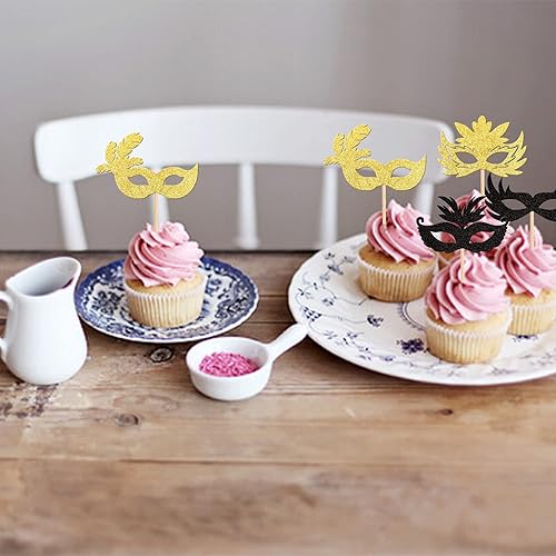 Miniatura 5 de Rsstarxi Paquete de 36 máscaras de mascarada, adornos para cupcakes, color negro y dorado con purpurina para despedida de soltera, para carnaval,