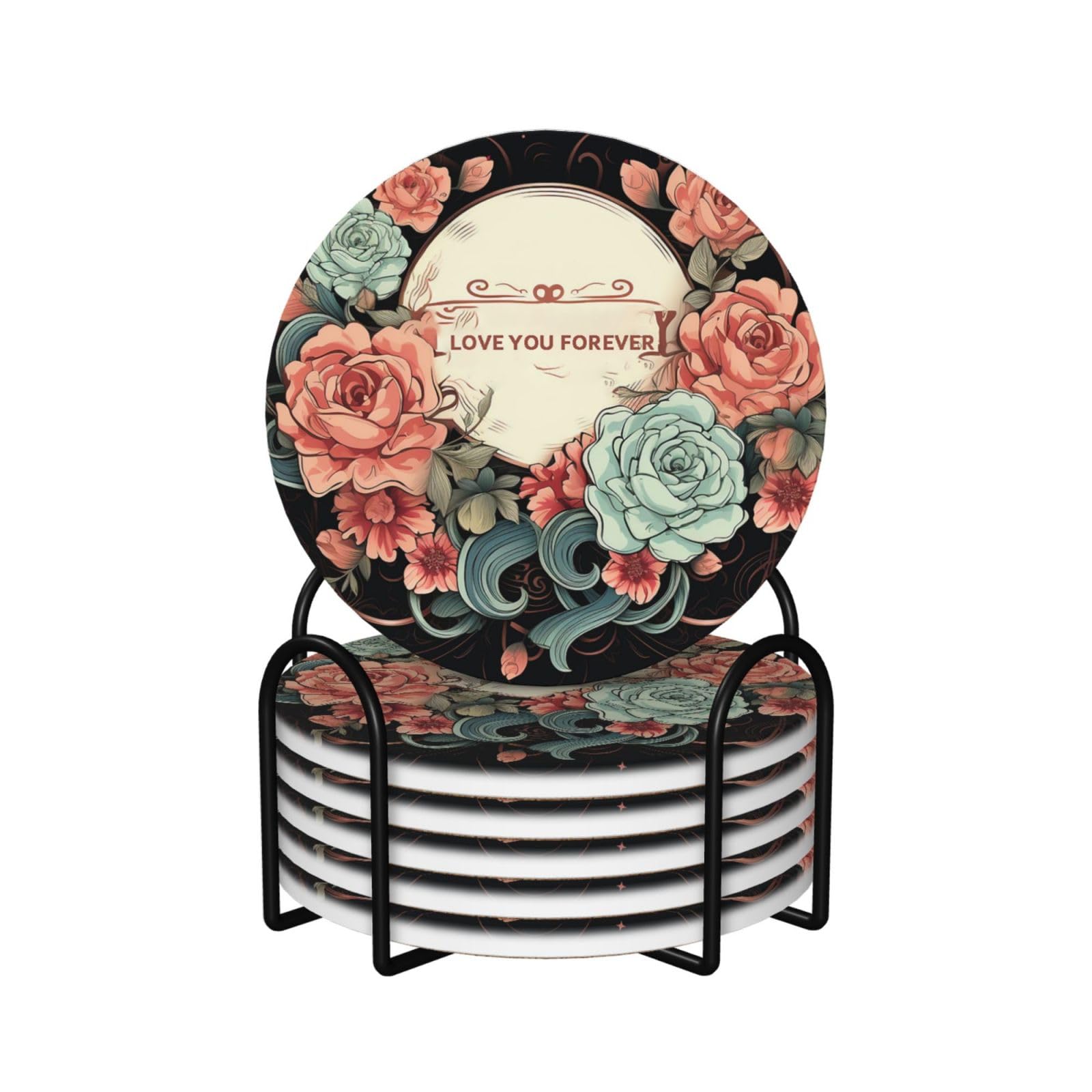 Dessous de verre céramique Love You Forever les 6 sous-verres ronds avec support pour apéritif réussi