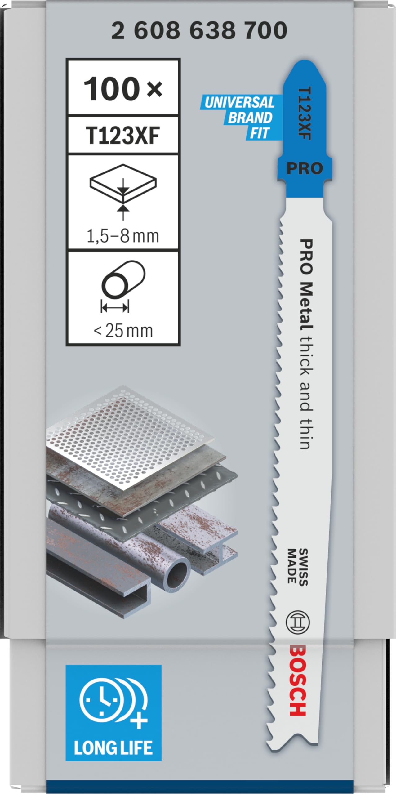 Bosch 100x Brzeszczot do wyrzynarki PRO Metal thick and thin T123XF (do Blachy stalowe, Rury i profile metalowe, Długość 100 mm, Professional Akcesoria Wyrzynarka)