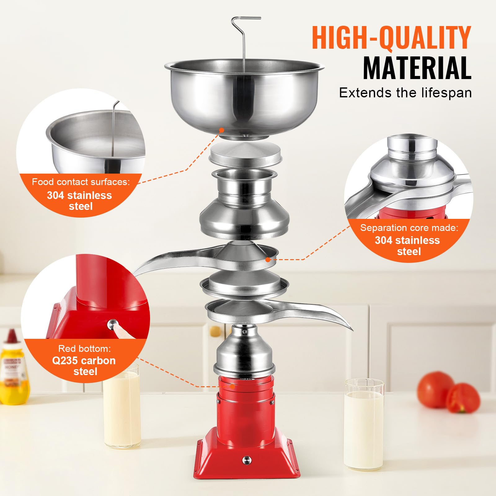 Happybuy Milk Cream Centrifugal Separator, 304 Stainless Steel Electric Milk Skimmer 100L/H Goat Milk Separator, 10500RPM Goat Cow Milk Separator, 30W Cow Cream Seperator, 5L Bowl Capacity, 100-240V