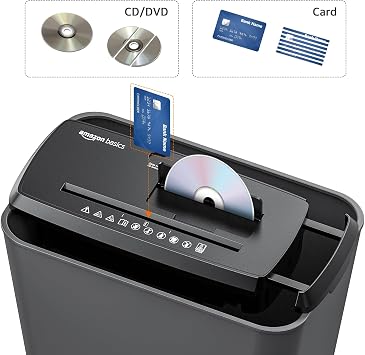 Amazon Basics 8-Sheet Strip Cut Portable Paper, CD, and Credit Card Shredder with Auto-Off, Overheat Protection, Compact Design, No Basket, Extendable Arm, Black