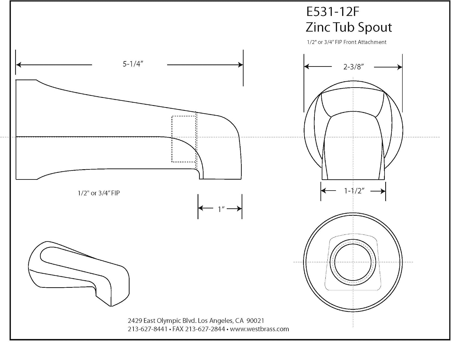 Westbrass E531-12F-PB 5-1/4" Standard Front Connection Tub Spout for 1/2" or 3/4" IPS Connection, Polished Brass (50-Pack)